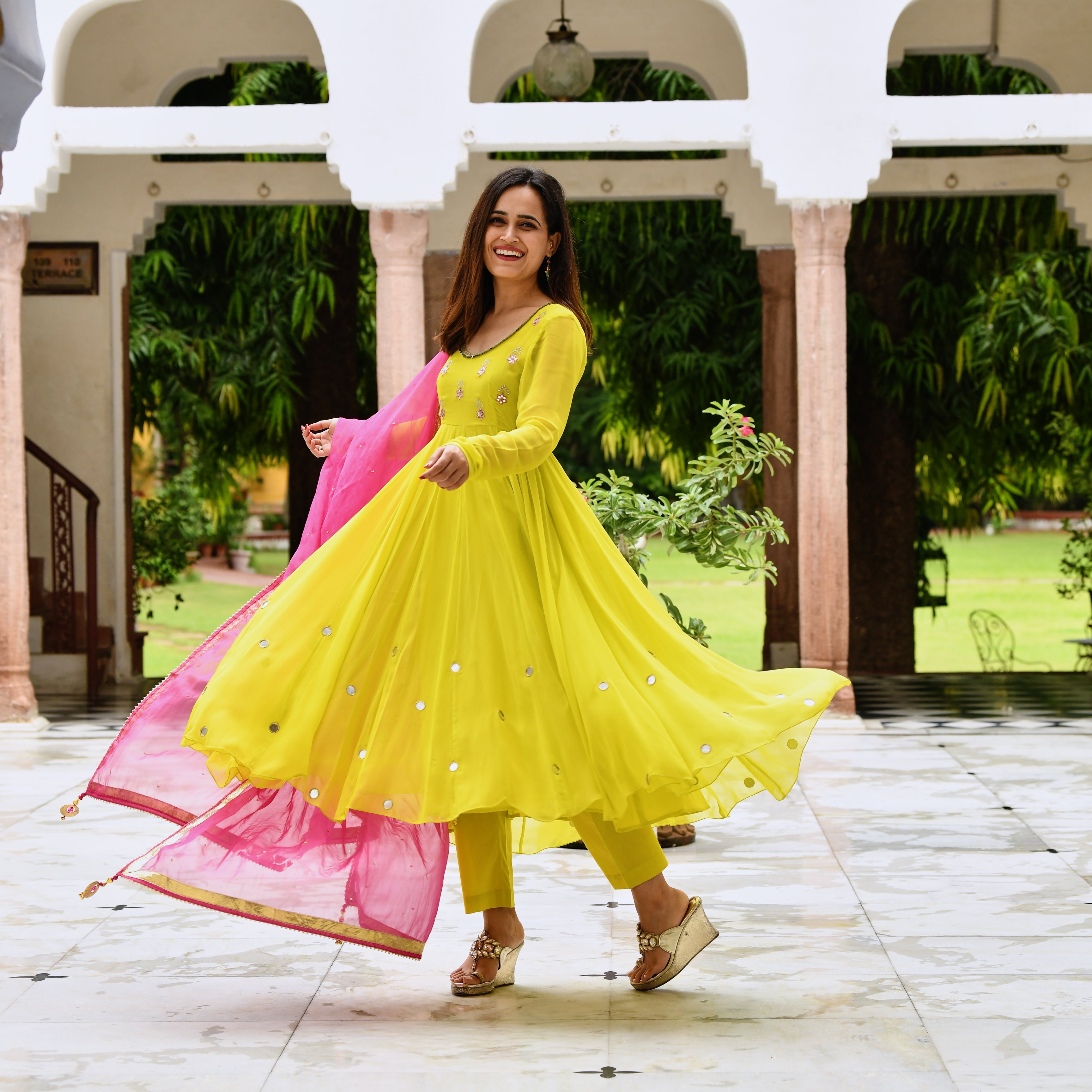 Yellow and pink Anarkali suit set