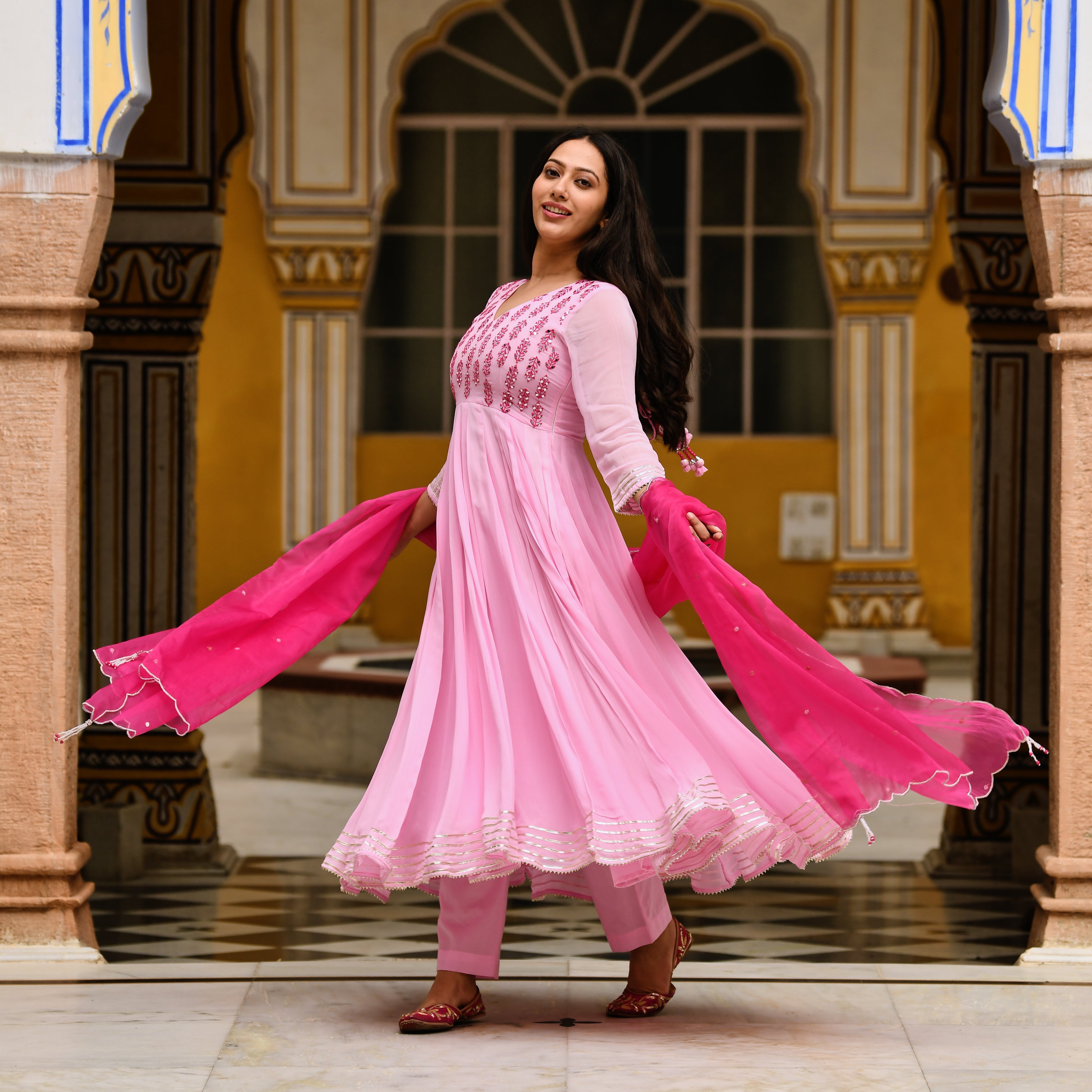 Buy Anarkali - Hot Pink Embroidered Net Anarkali Suit