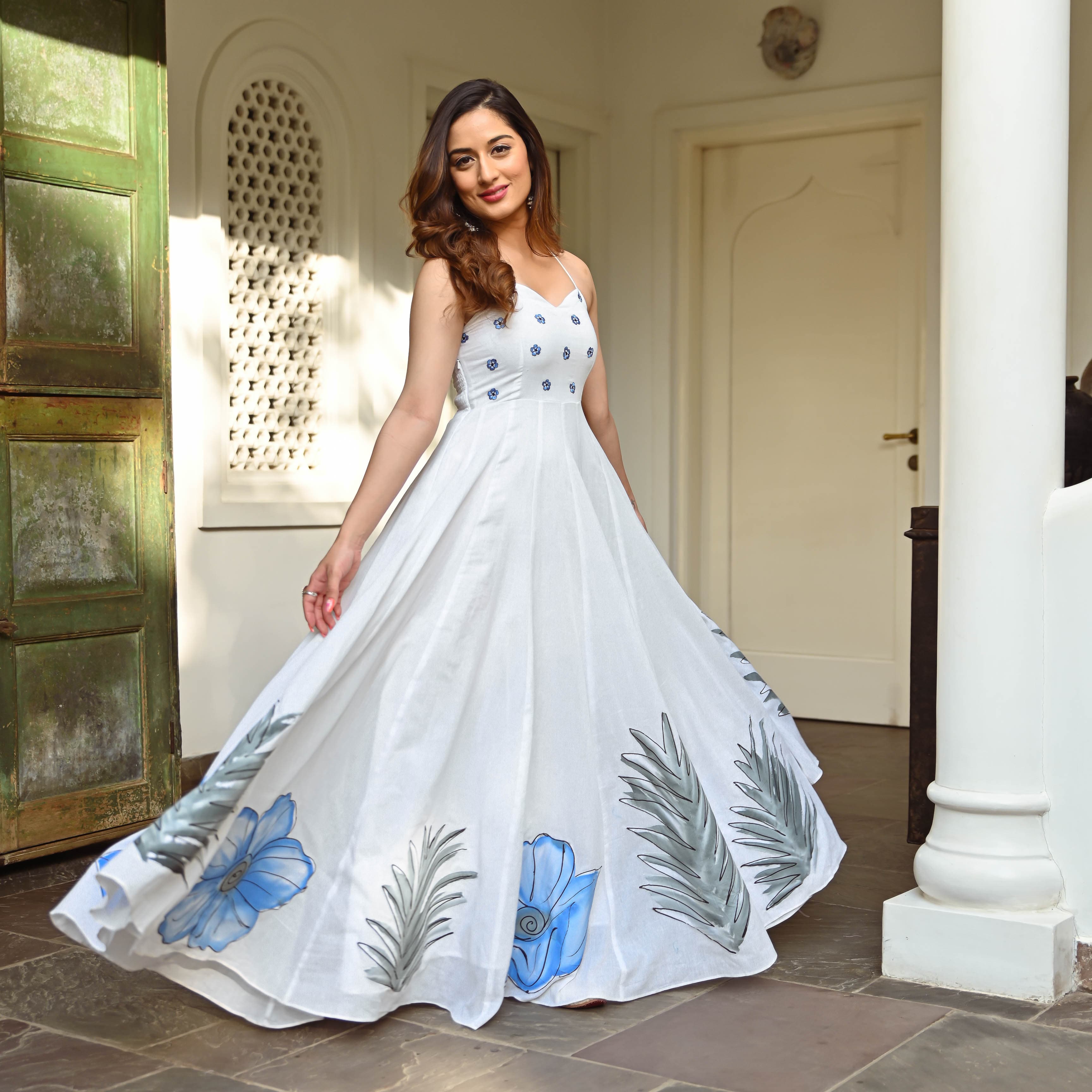 Long gown with dupatta chicken cloth off white colour