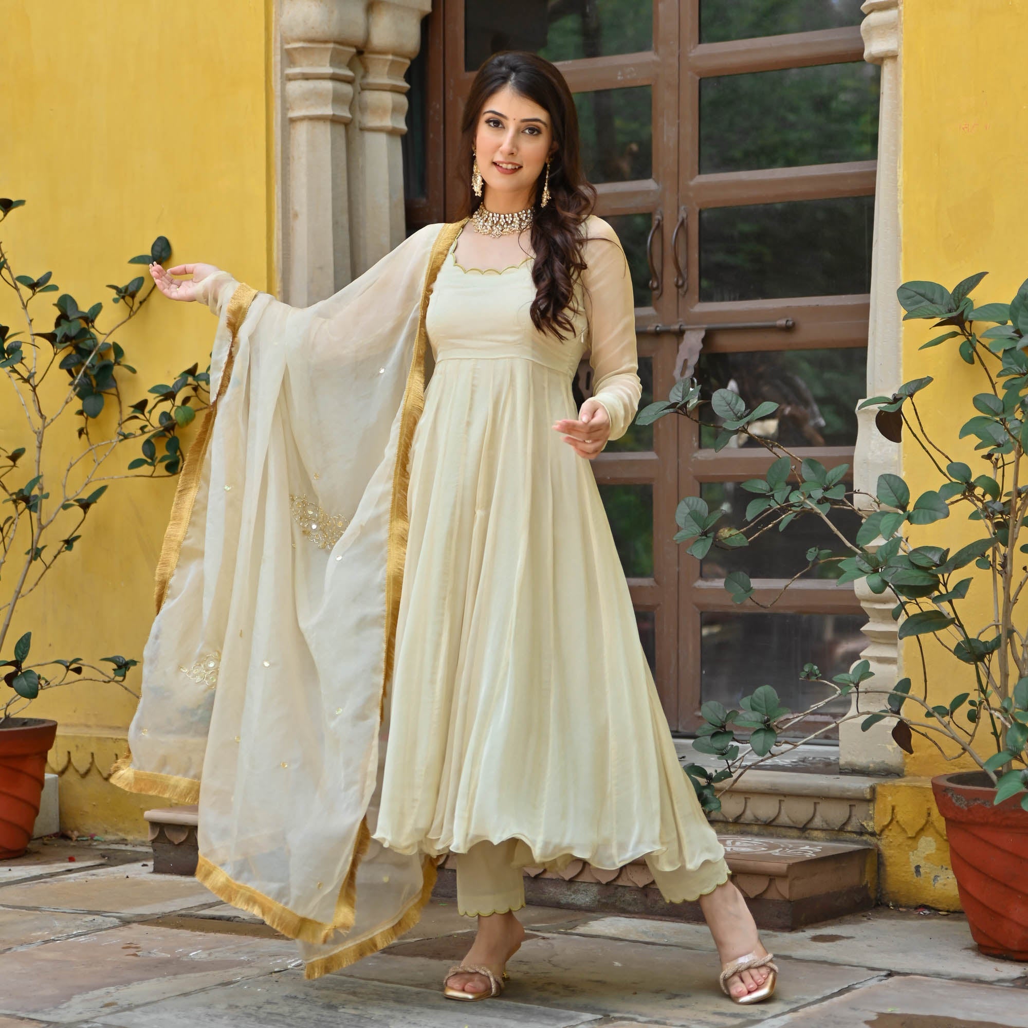 Sona Designer Off White Readymade Anarkali Suit Set for Women Online