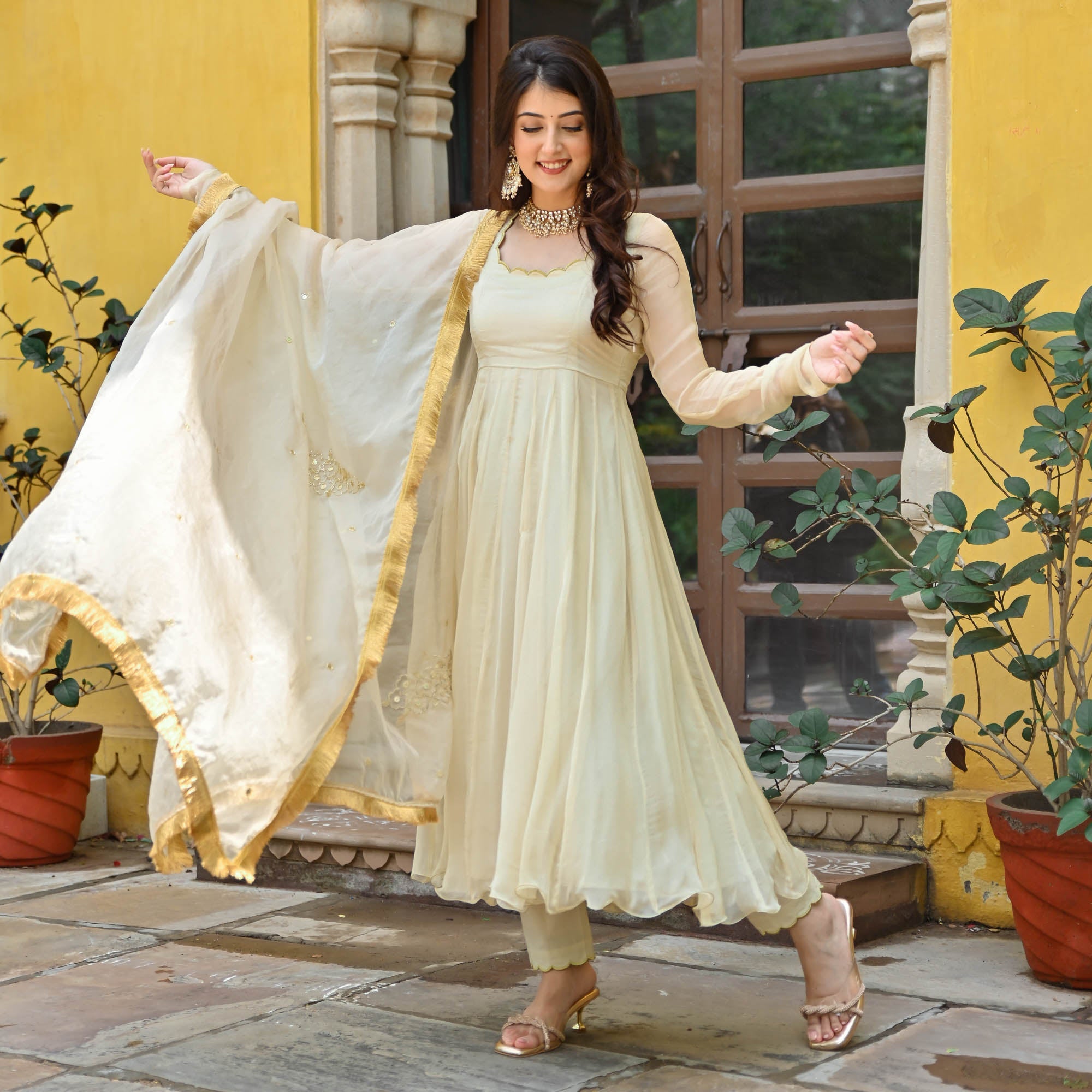 Buy Cream Bel Buti Patterned Anarkali Suit Online in India @Mohey - Indo  Western for Women