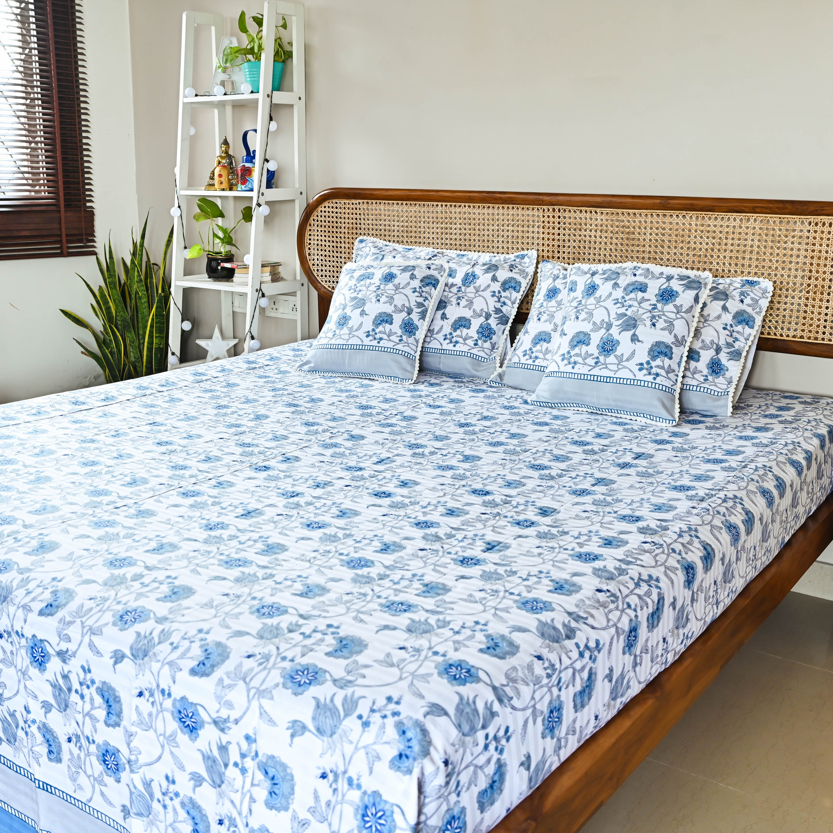 Blue Floral Handblock printed Bedsheet