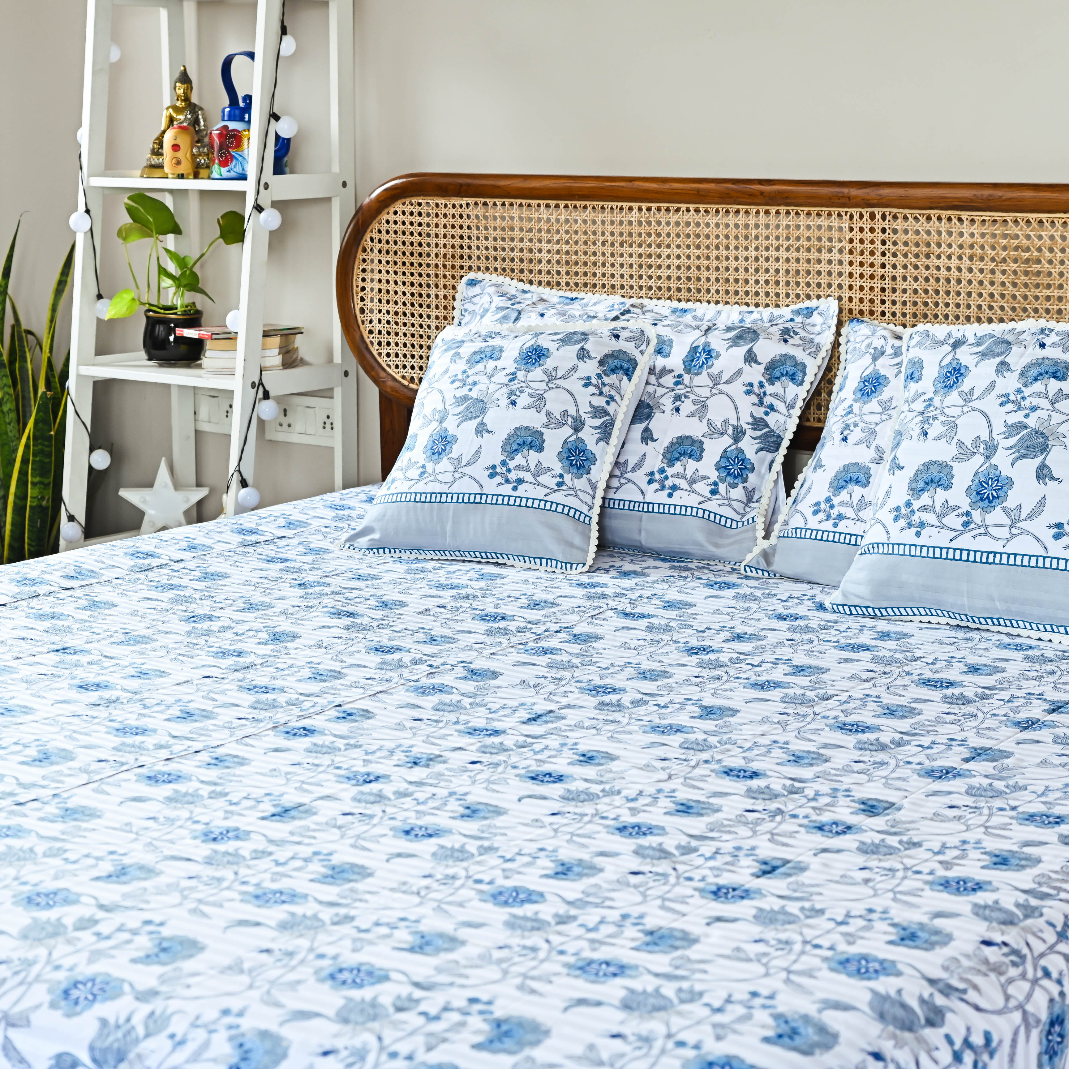 Blue Floral Handblock printed Bedsheet
