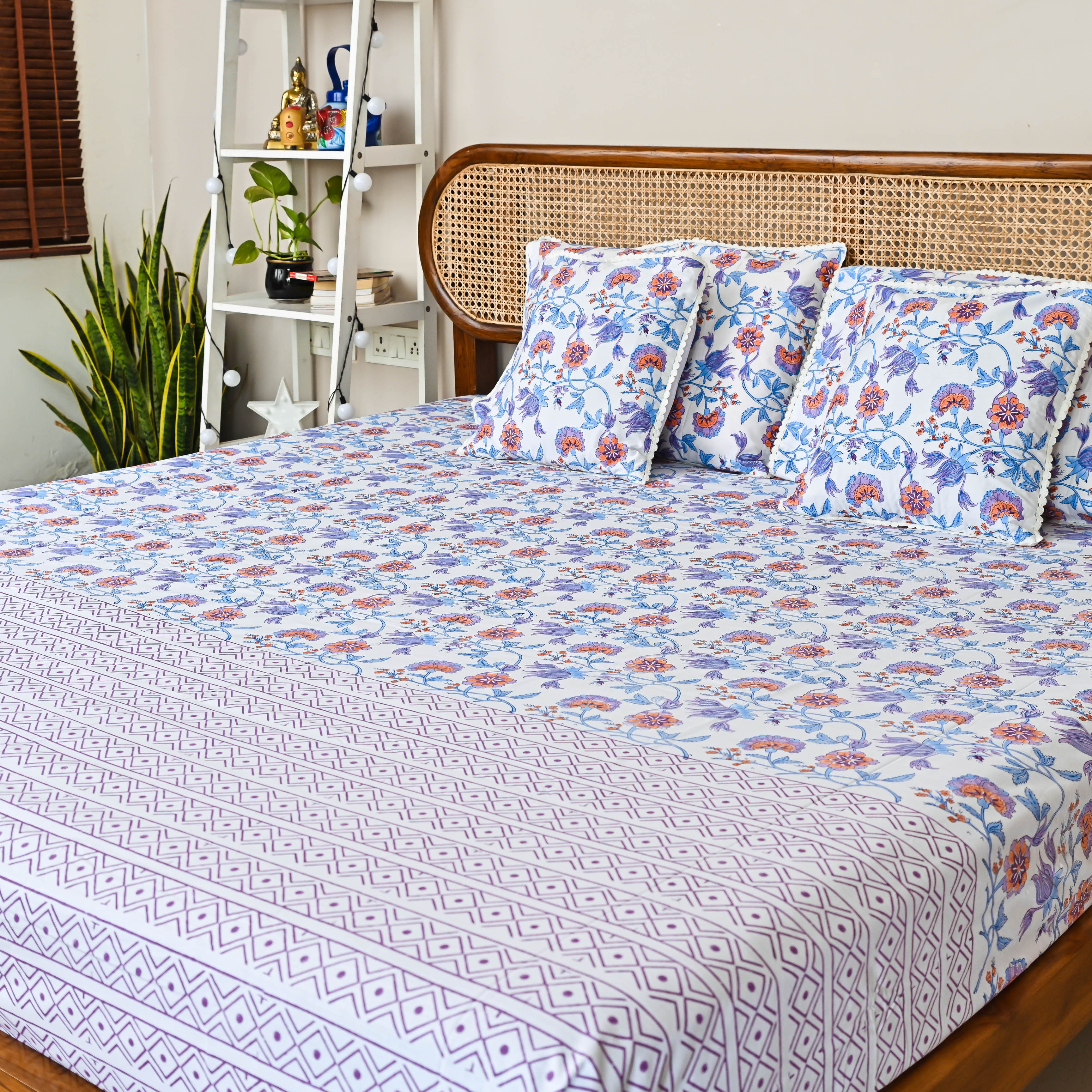 Blue Purple Floral Handblock printed Bedsheet