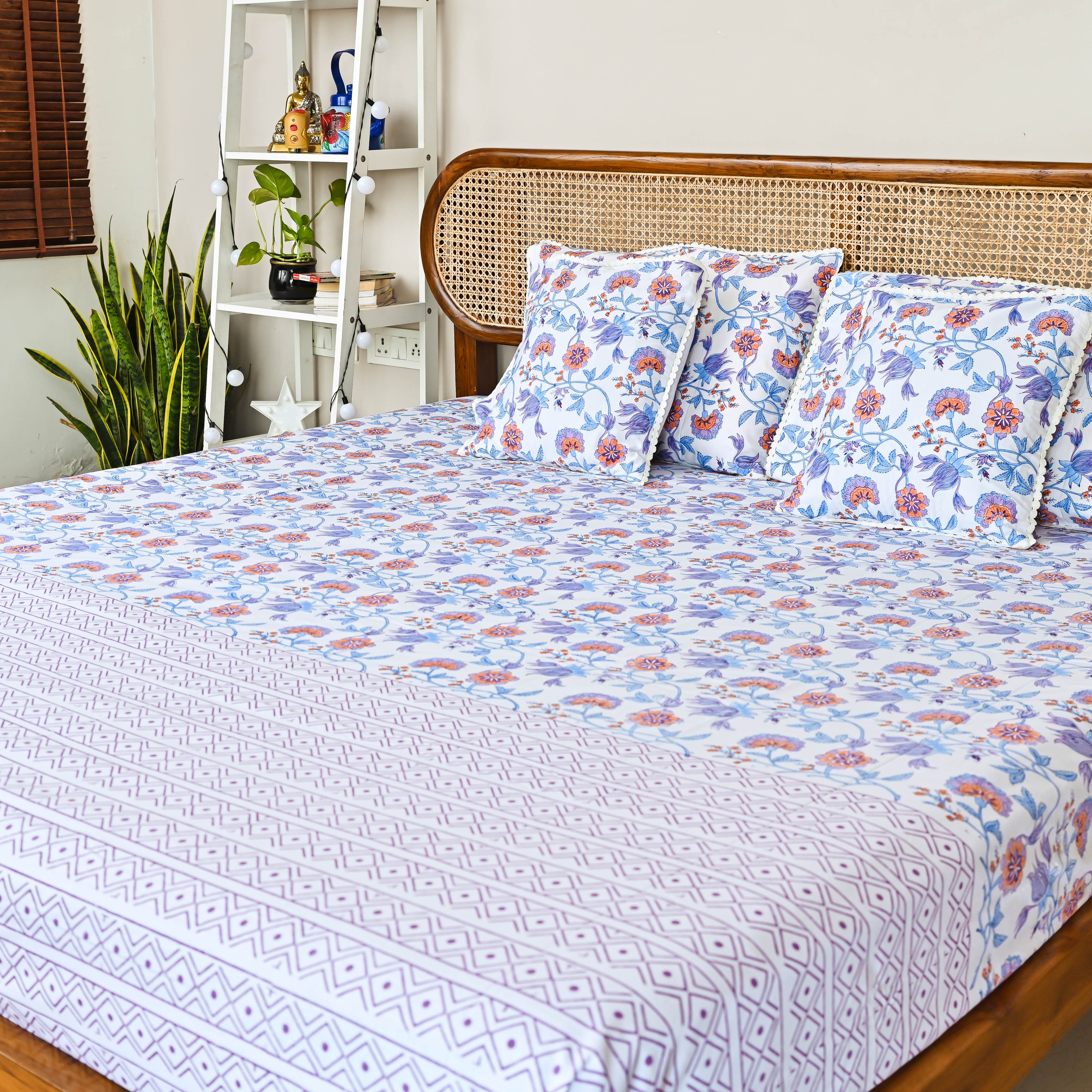 Blue Purple Floral Handblock printed Bedsheet