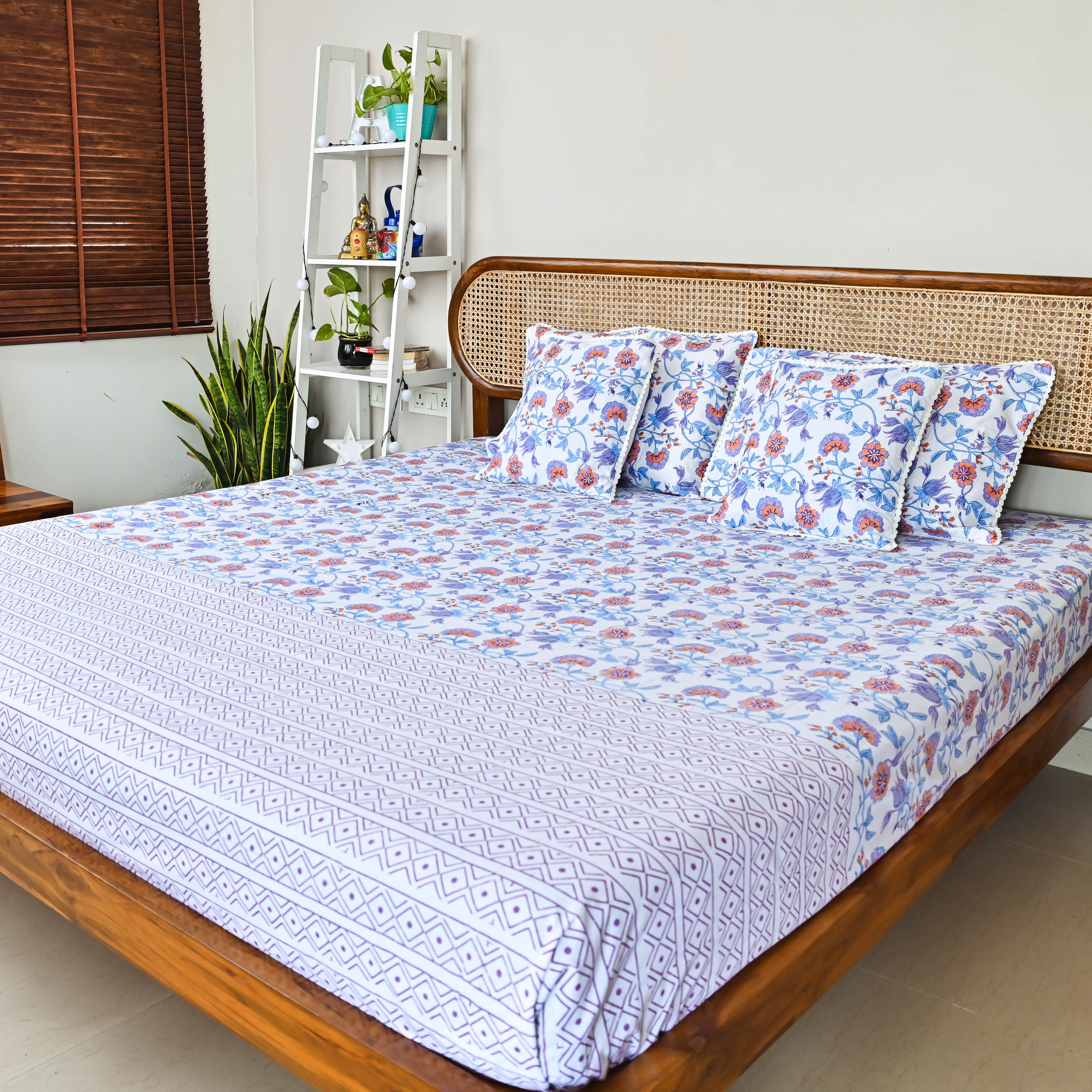 Blue Purple Floral Handblock printed Bedsheet