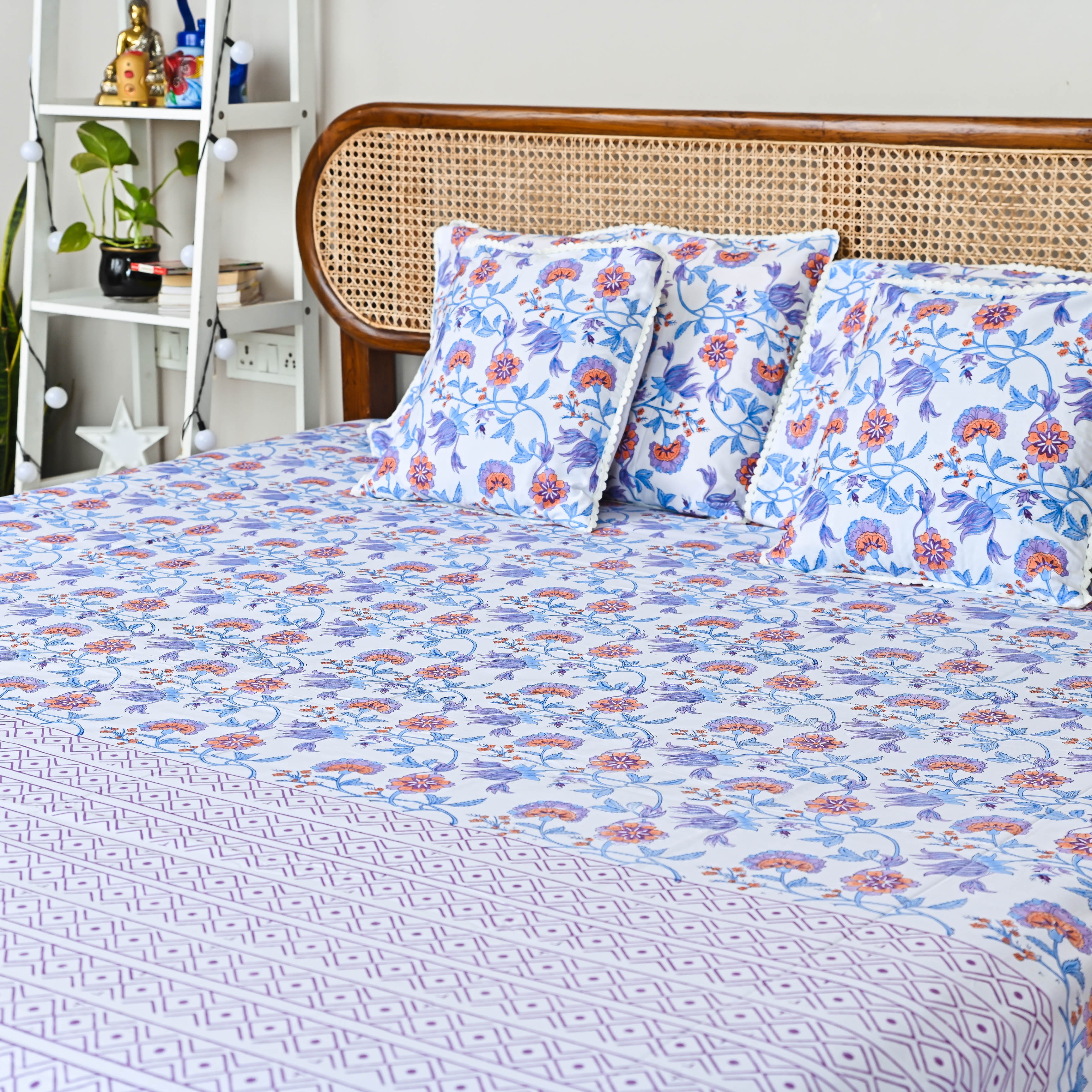 Blue Purple Floral Handblock printed Bedsheet