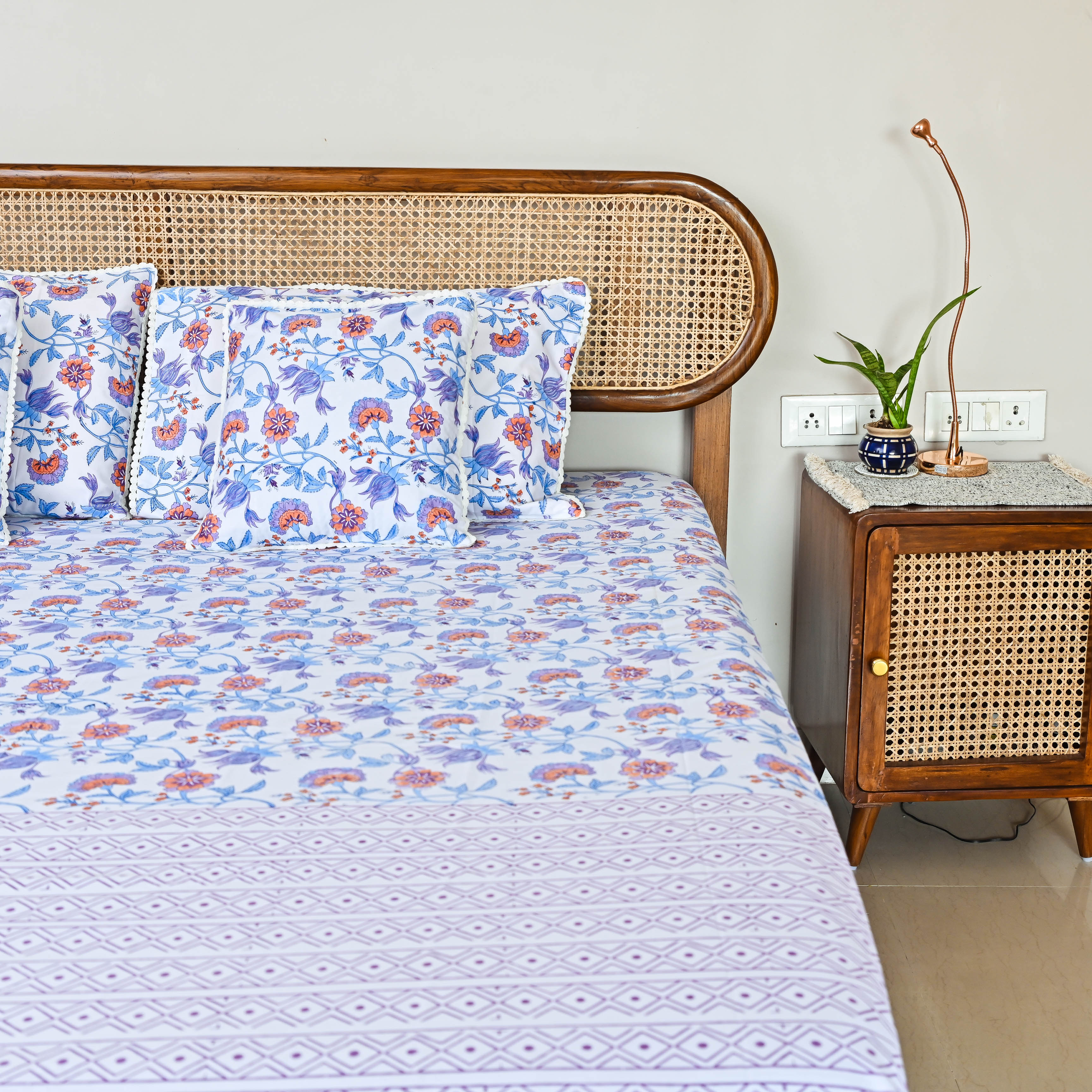 Blue Purple Floral Handblock printed Bedsheet