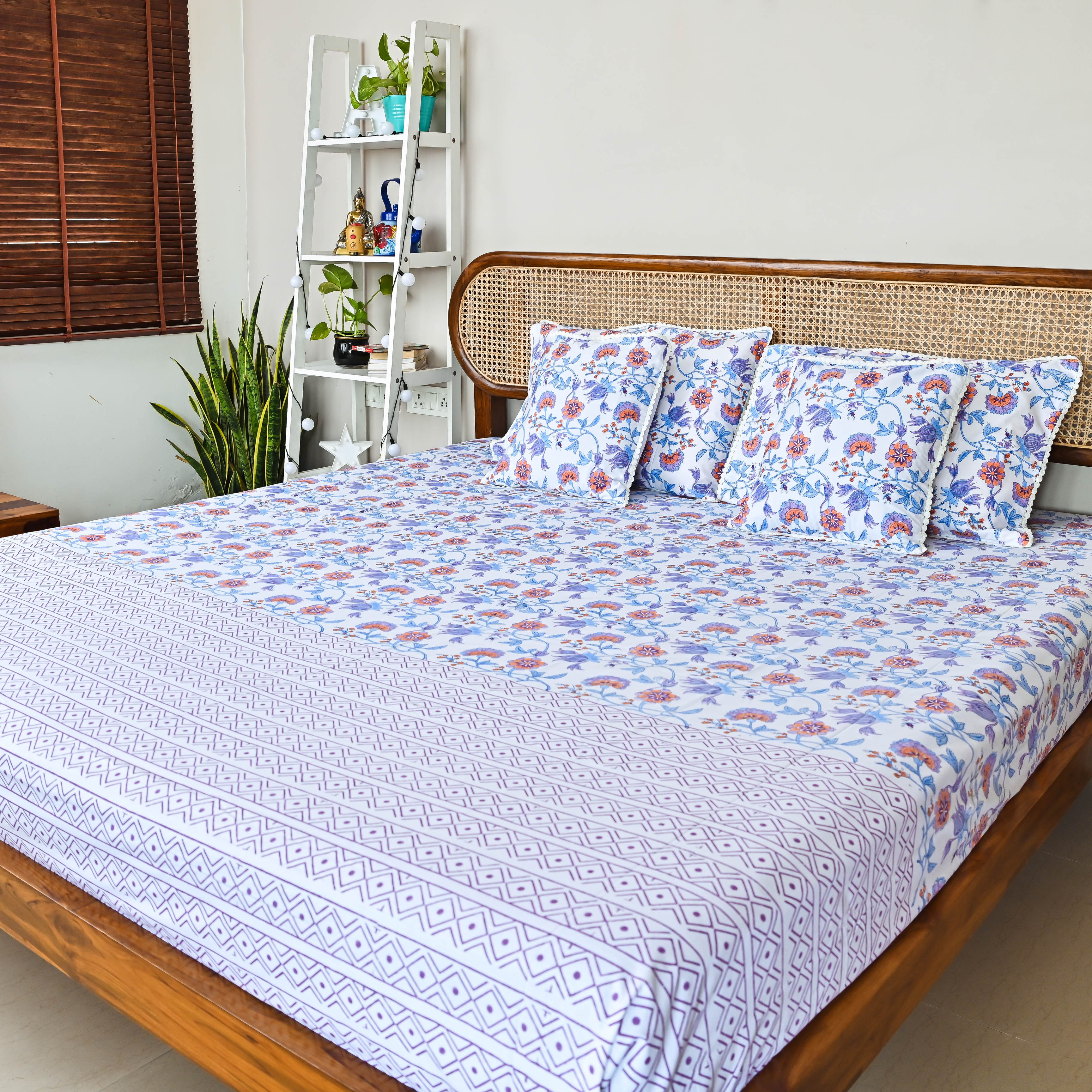 Blue Purple Floral Handblock printed Bedsheet