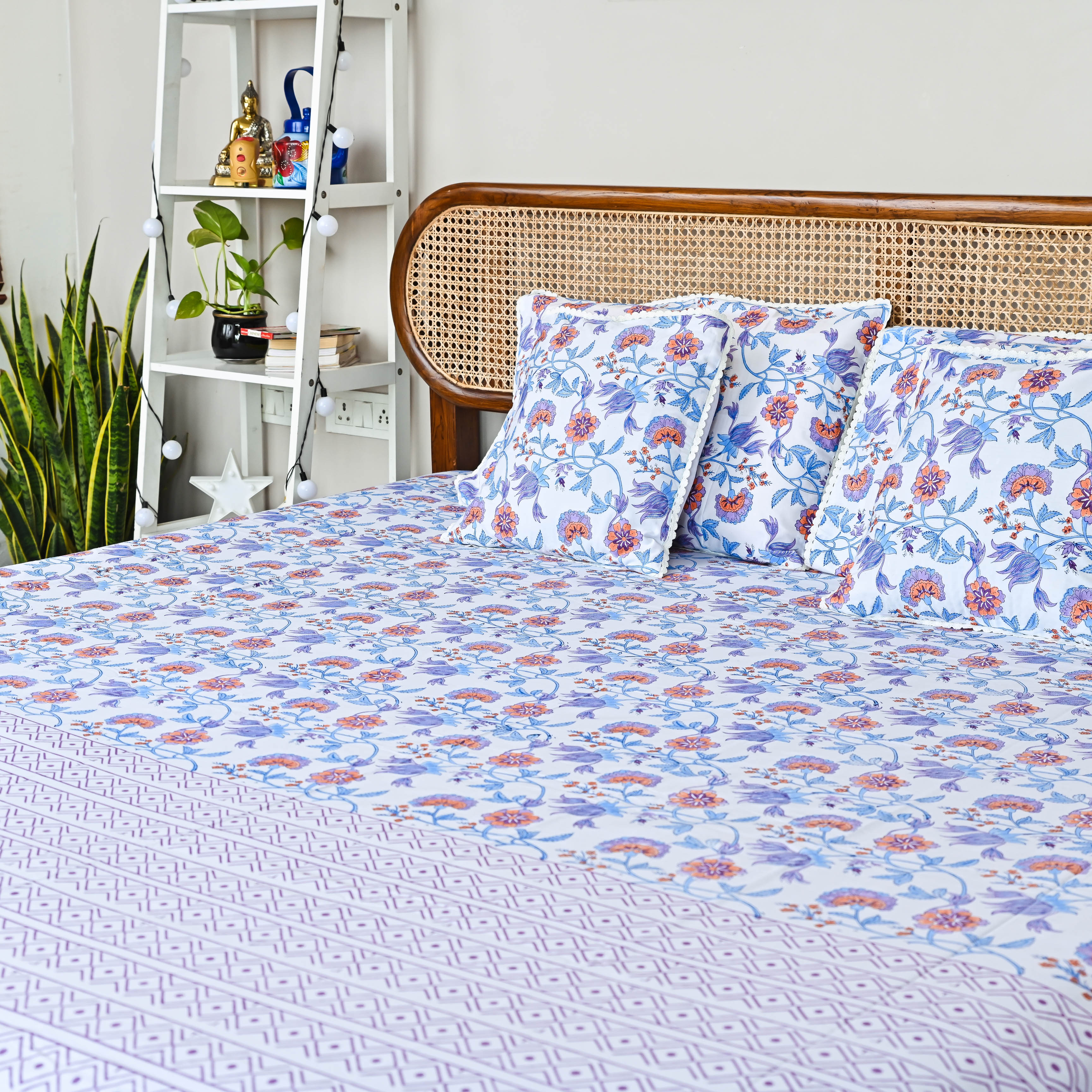 Blue Purple Floral Handblock printed Bedsheet