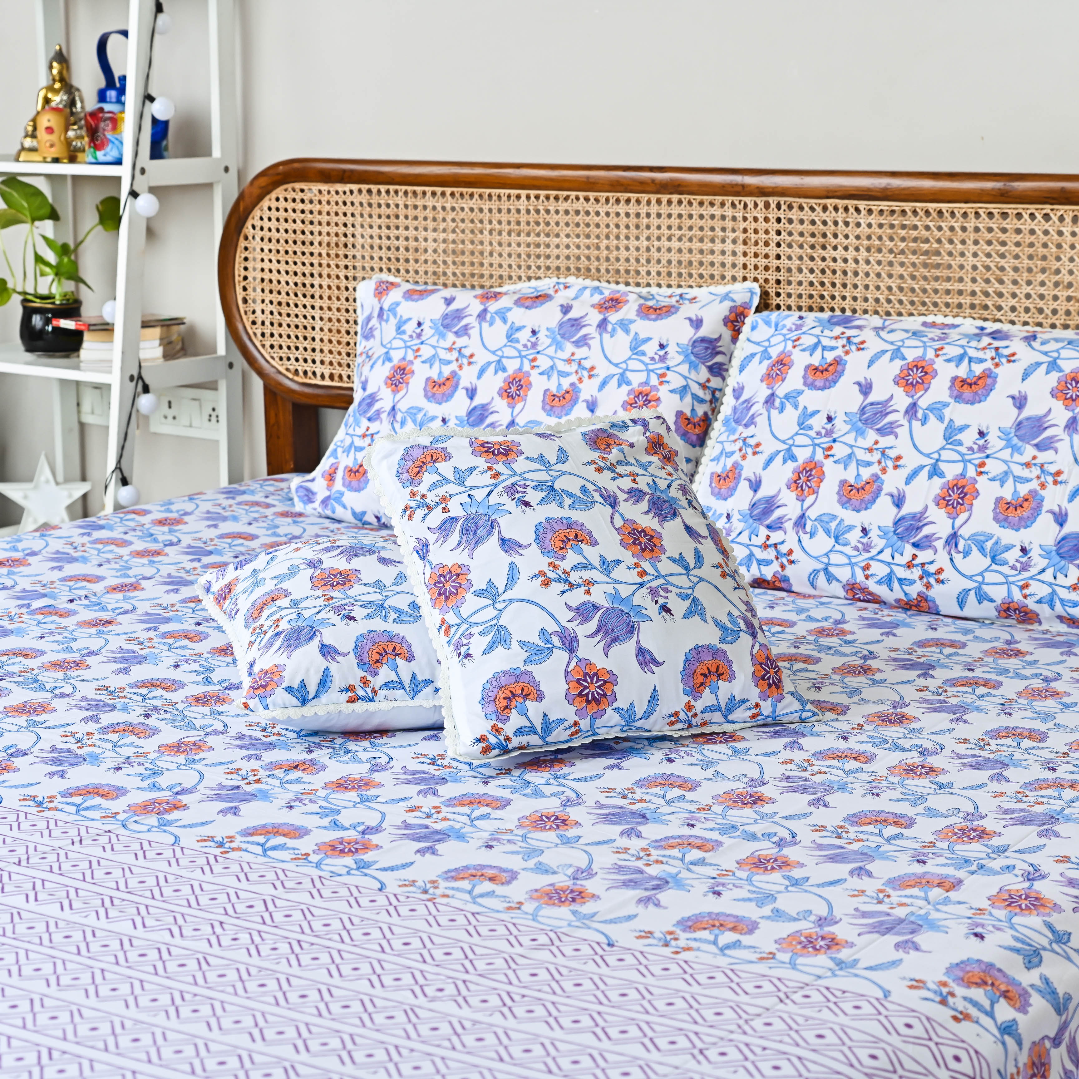 Blue Purple Floral Handblock printed Bedsheet