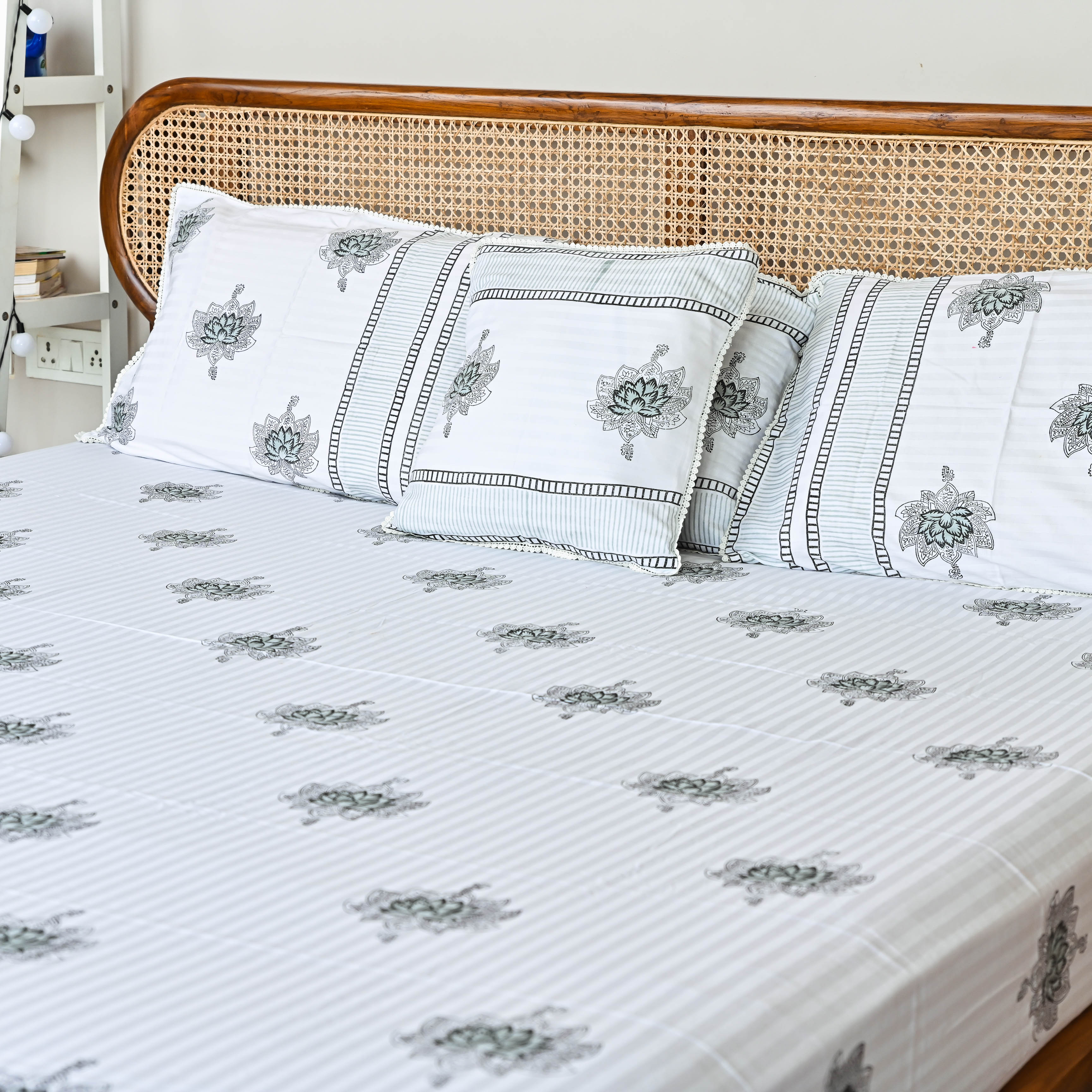 Black and White Handblock Printed Bedsheet with Pillow and cushion covers