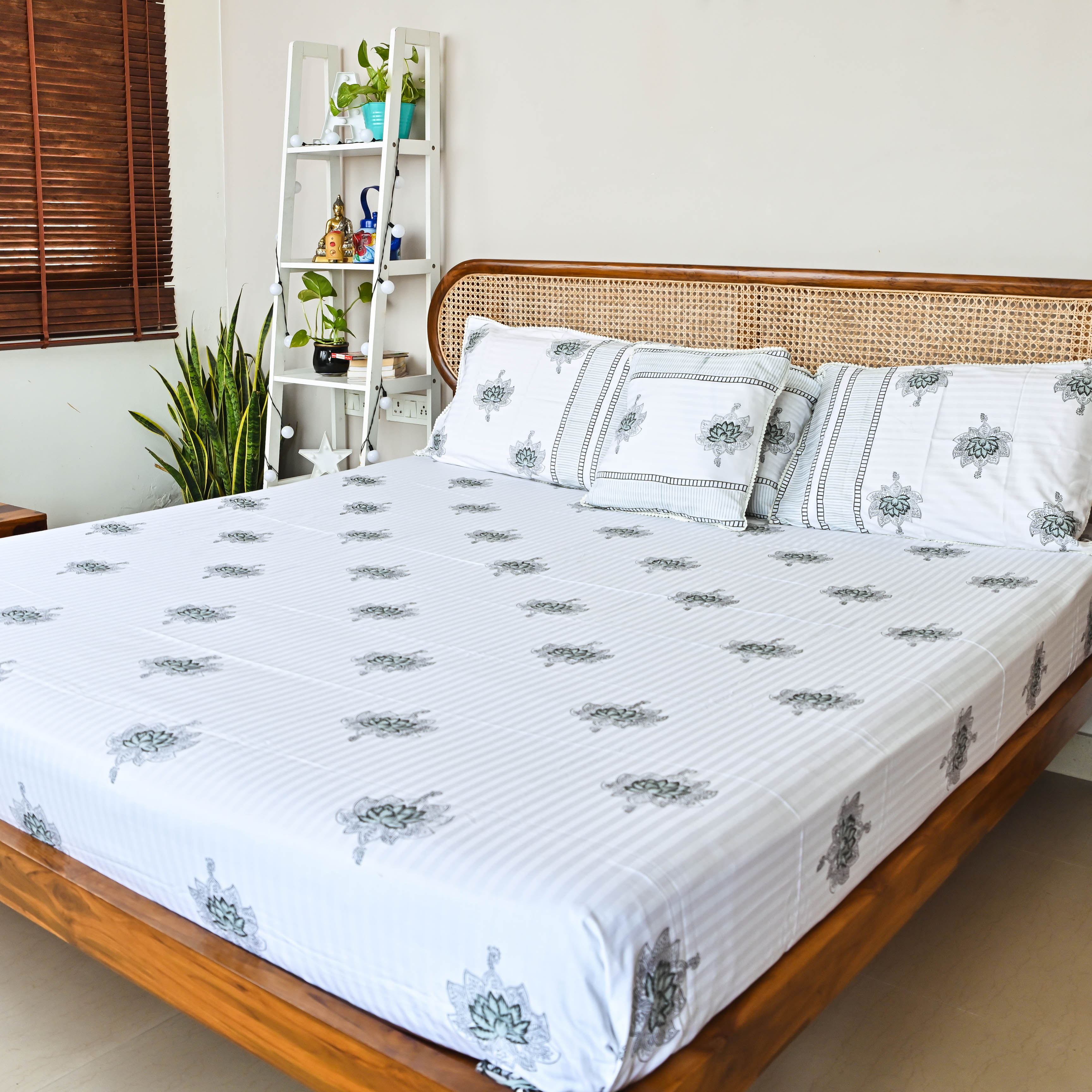 Black and White Handblock Printed Bedsheet with Pillow and cushion covers