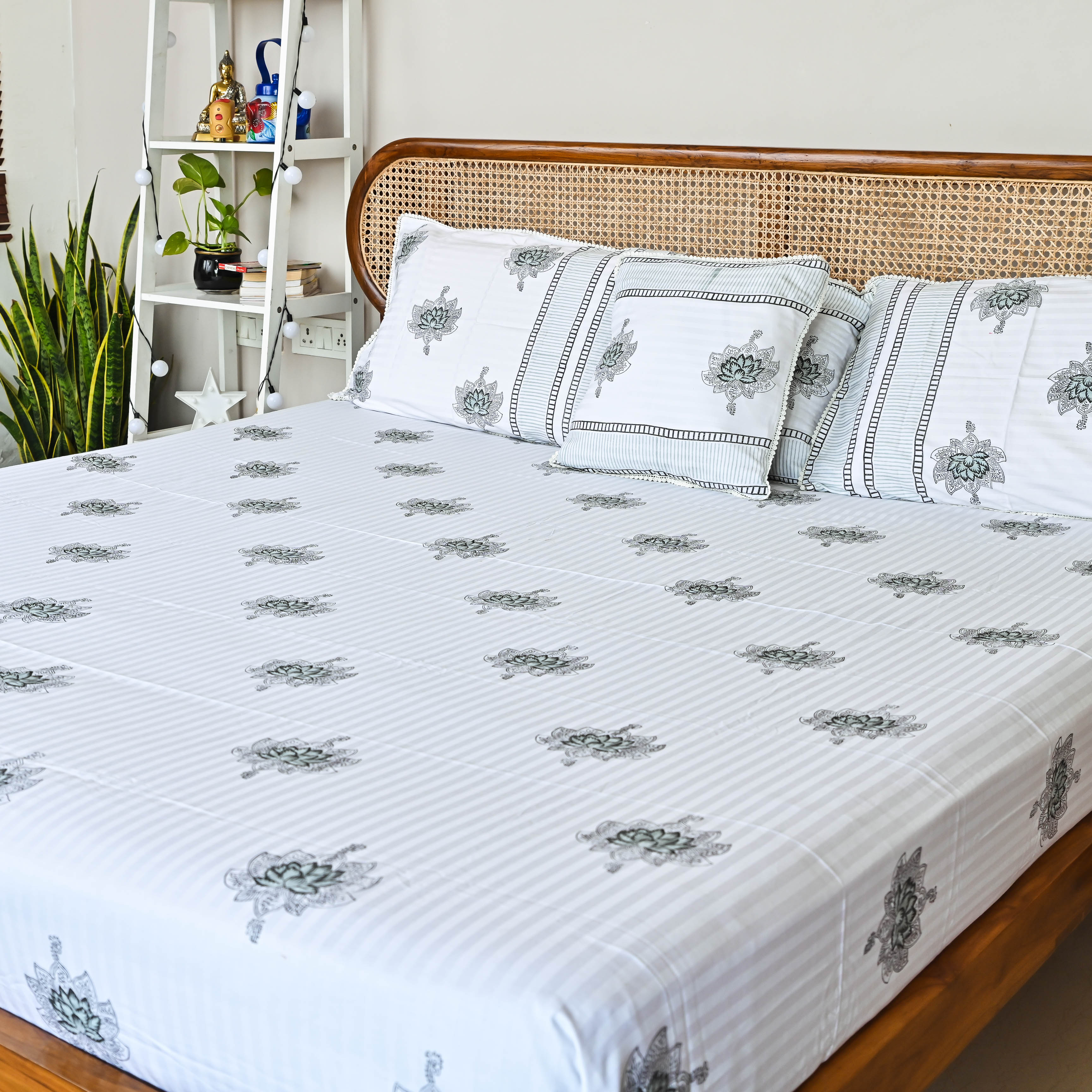 Black and White Handblock Printed Bedsheet with Pillow and cushion covers