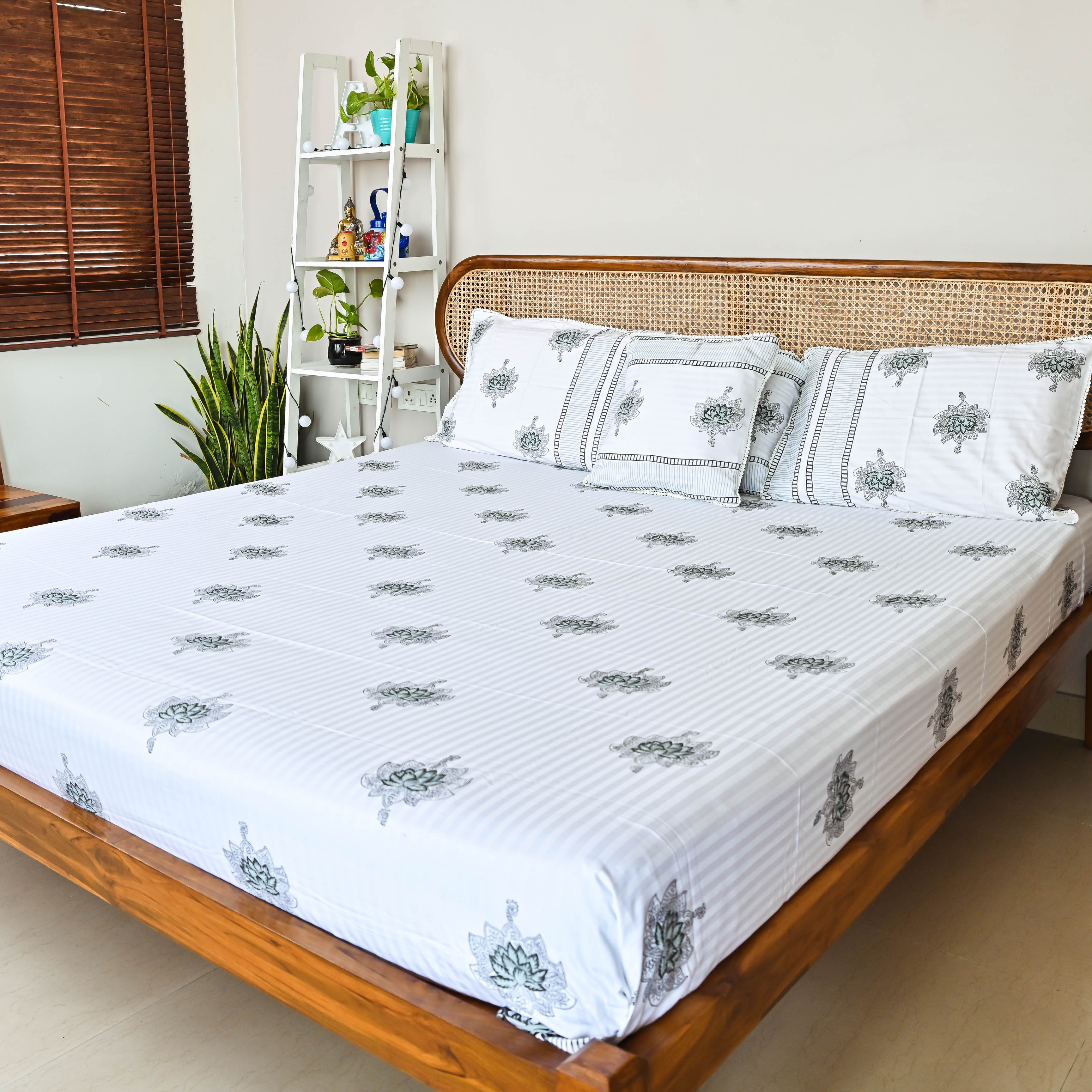 Black and White Handblock Printed Bedsheet with Pillow and cushion covers