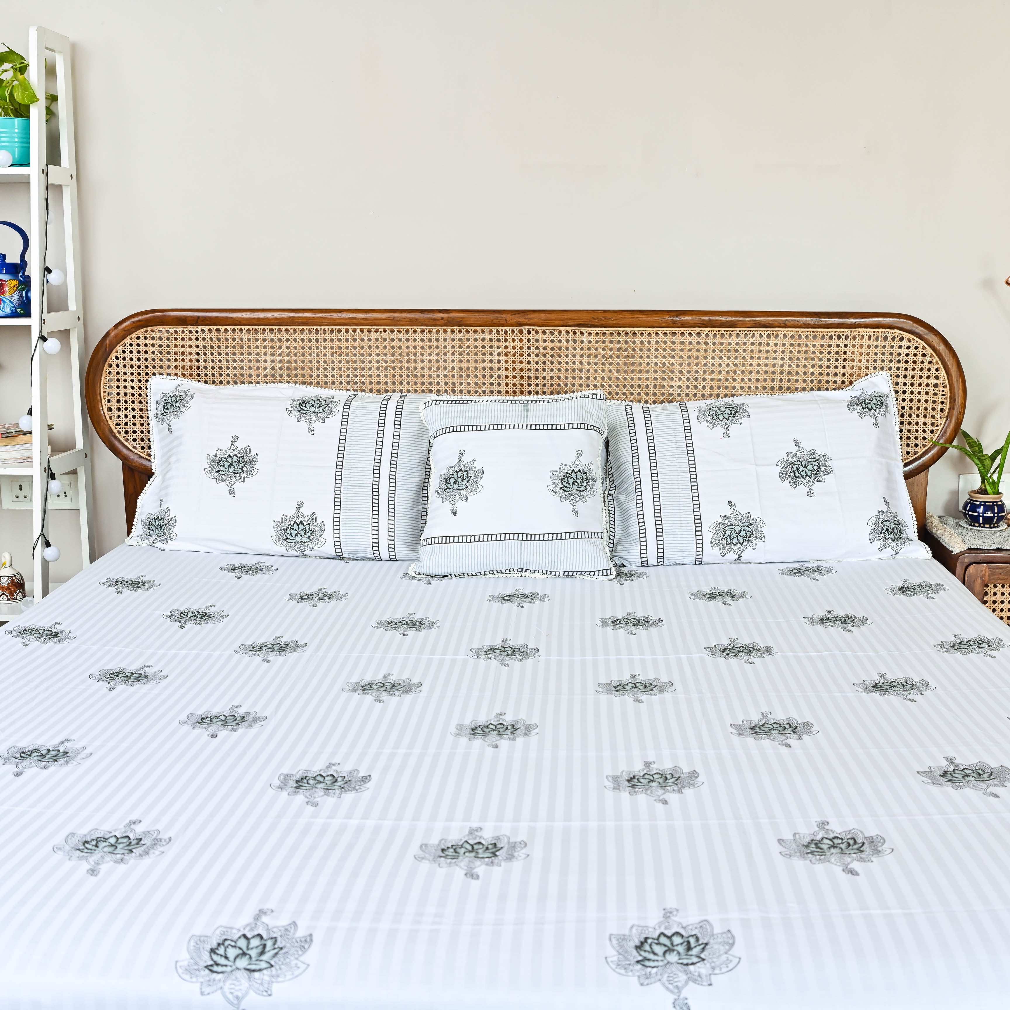 Black and White Handblock Printed Bedsheet with Pillow and cushion covers