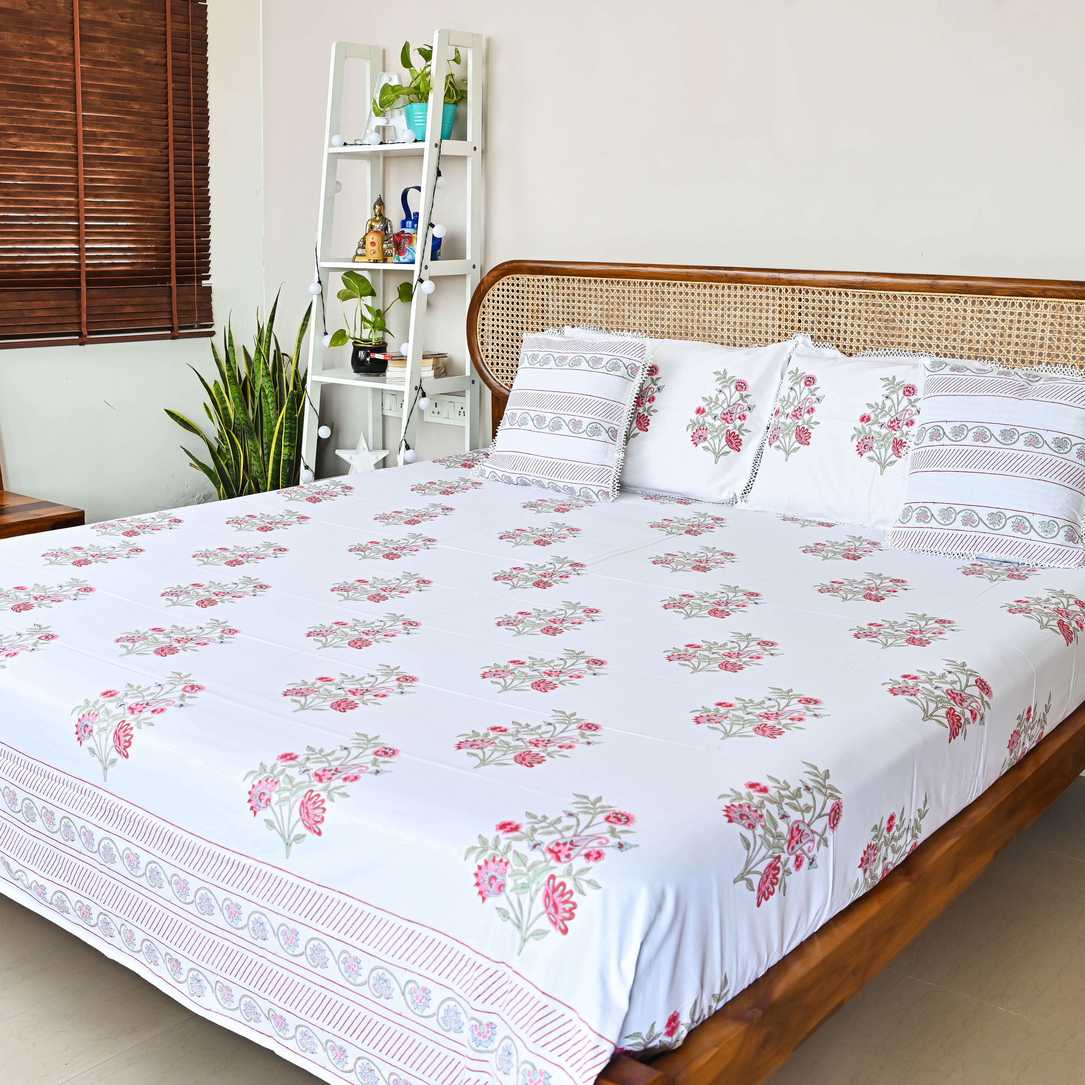 Floral Handblock printed Bedsheet with pillow cover and cushion covers
