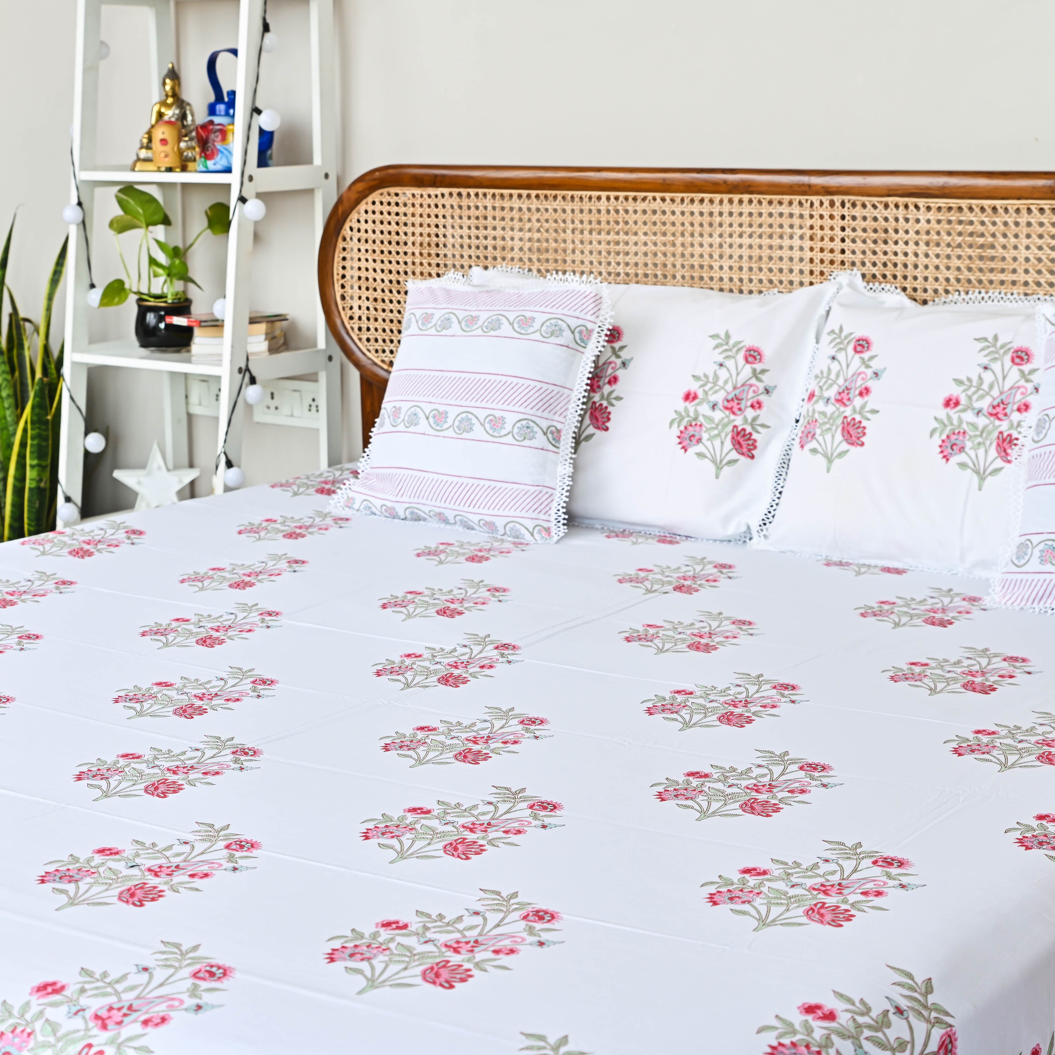 Floral Handblock printed Bedsheet with pillow cover and cushion covers