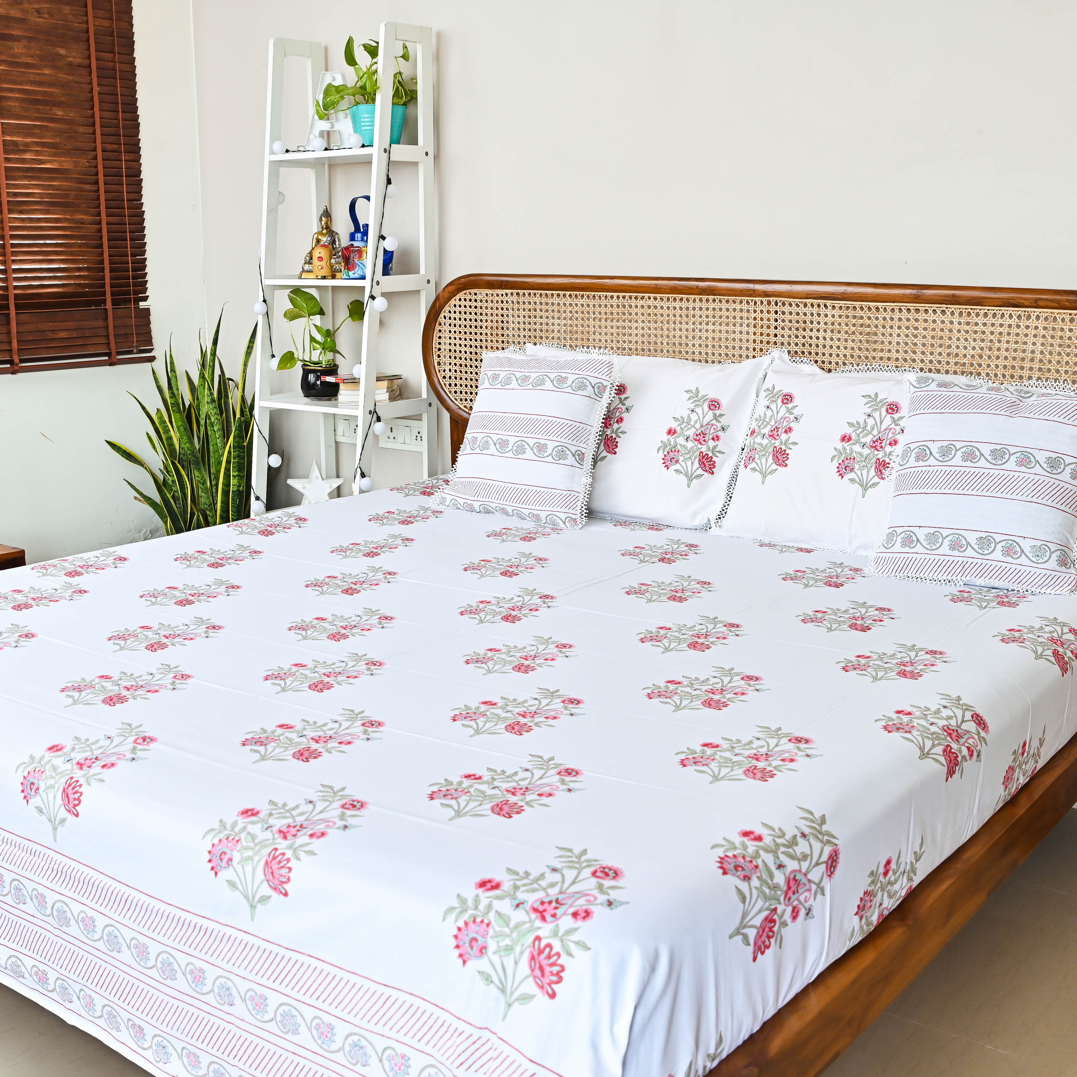 Floral Handblock printed Bedsheet with pillow cover and cushion covers
