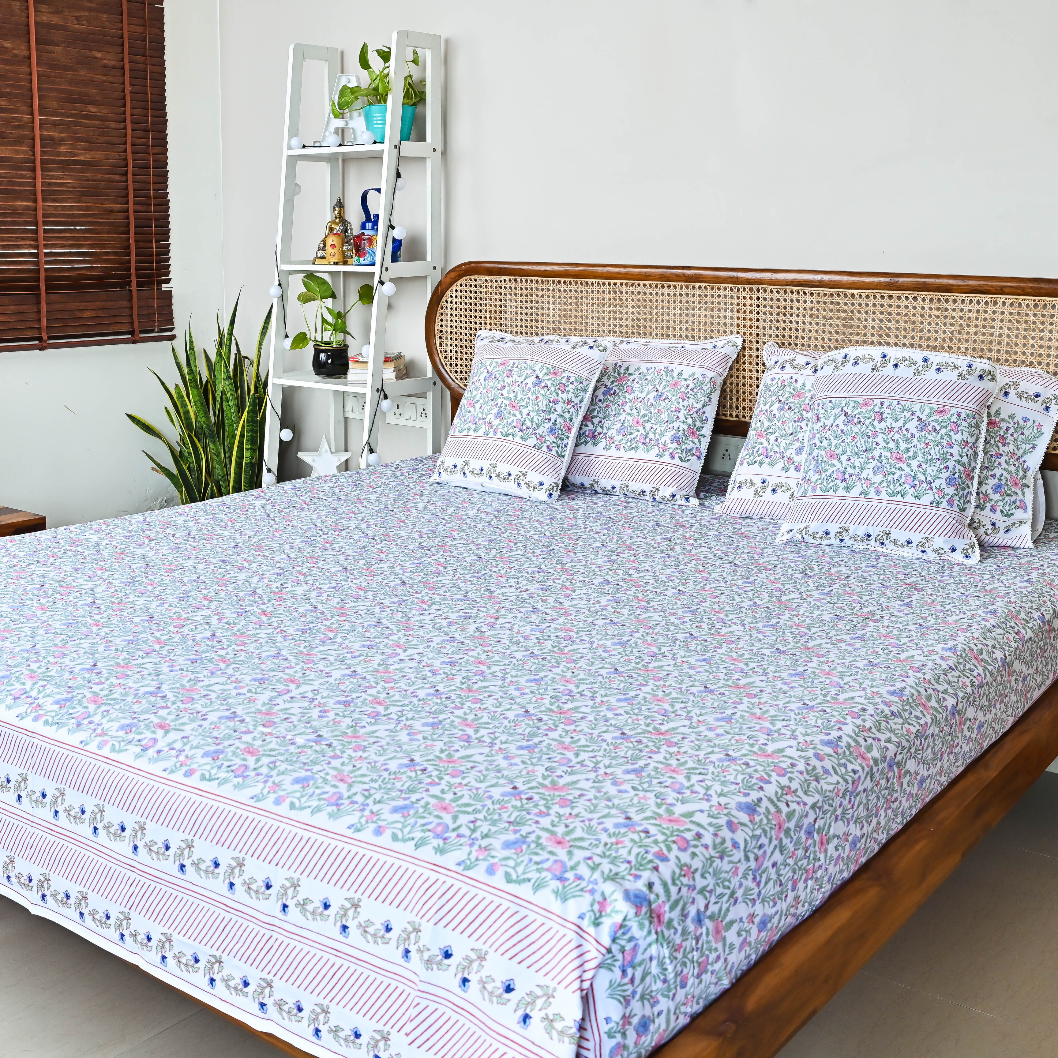 Blue Floral Handblock Printed Bedsheet