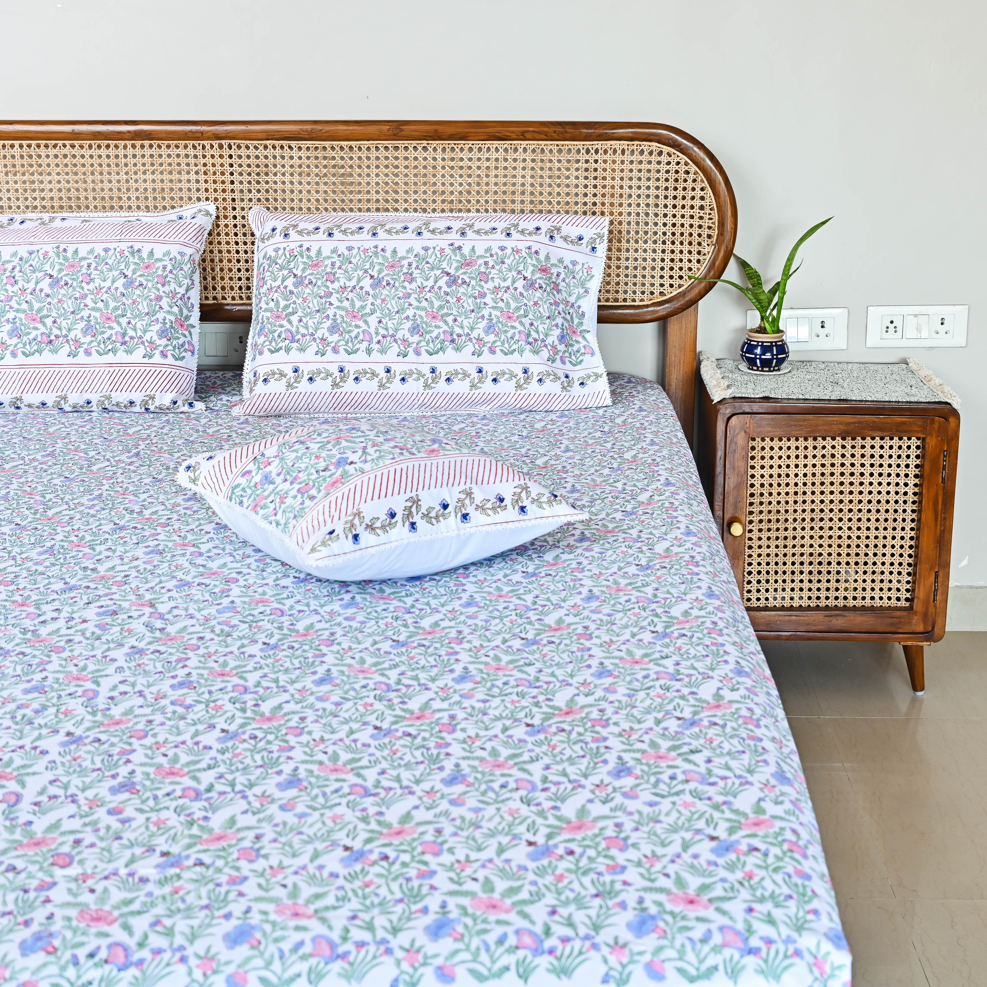 Blue Floral Handblock Printed Bedsheet