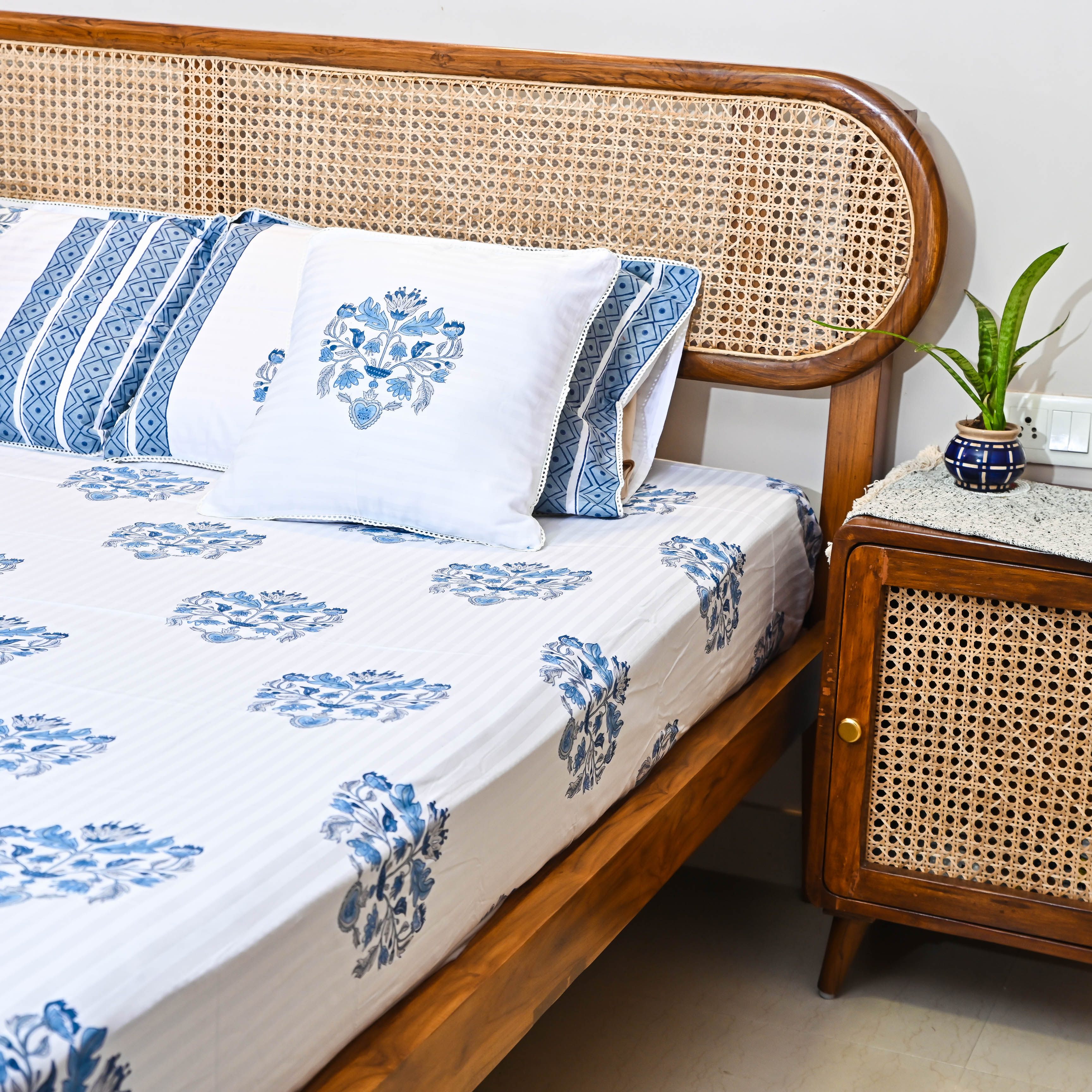Blue Handblock Printed Cotton Bedsheet