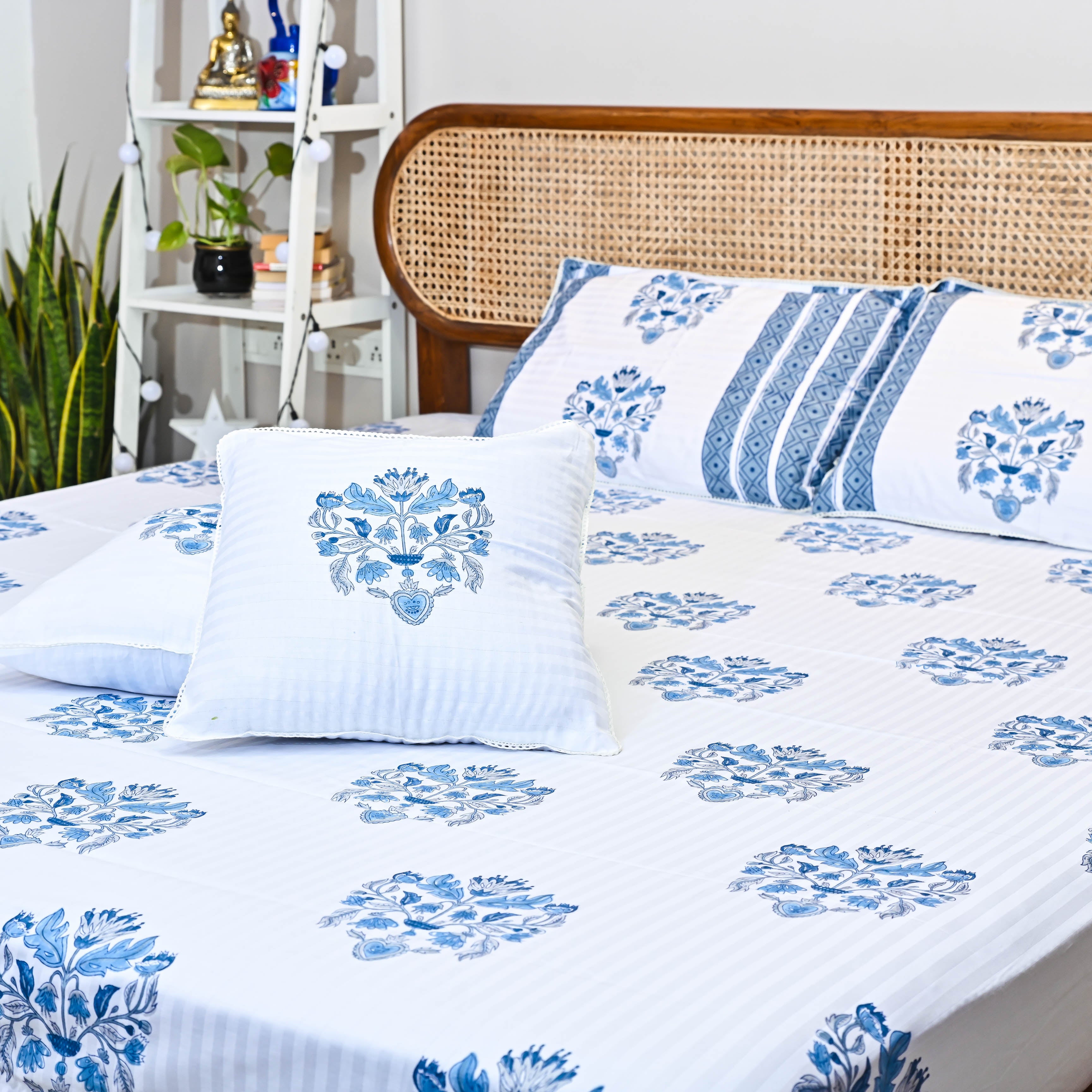 Blue Handblock Printed Cotton Bedsheet