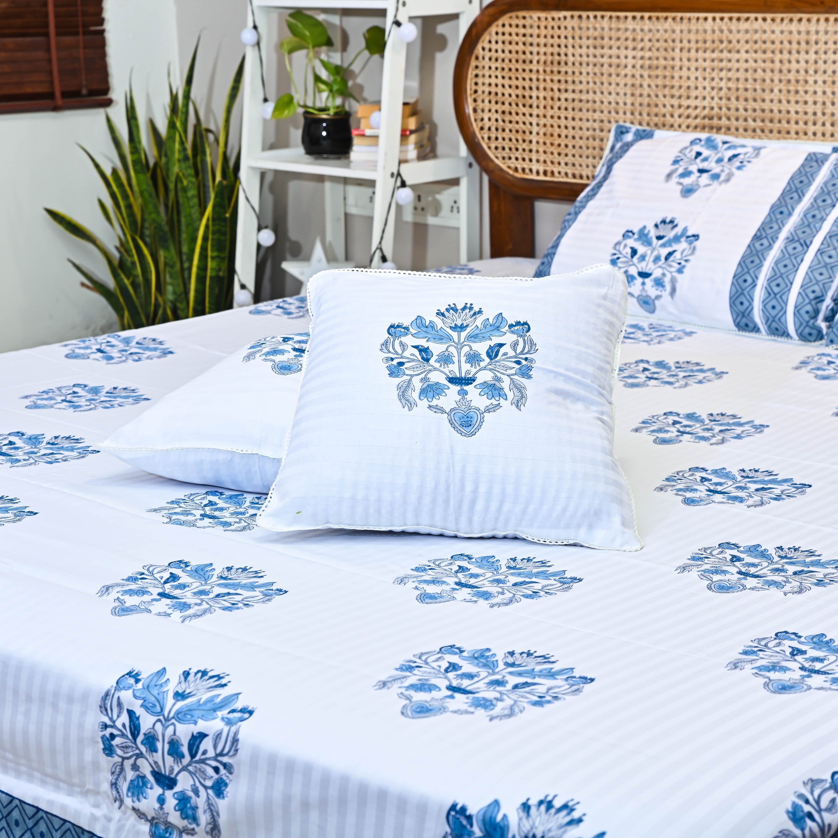 Blue Handblock Printed Cotton Bedsheet