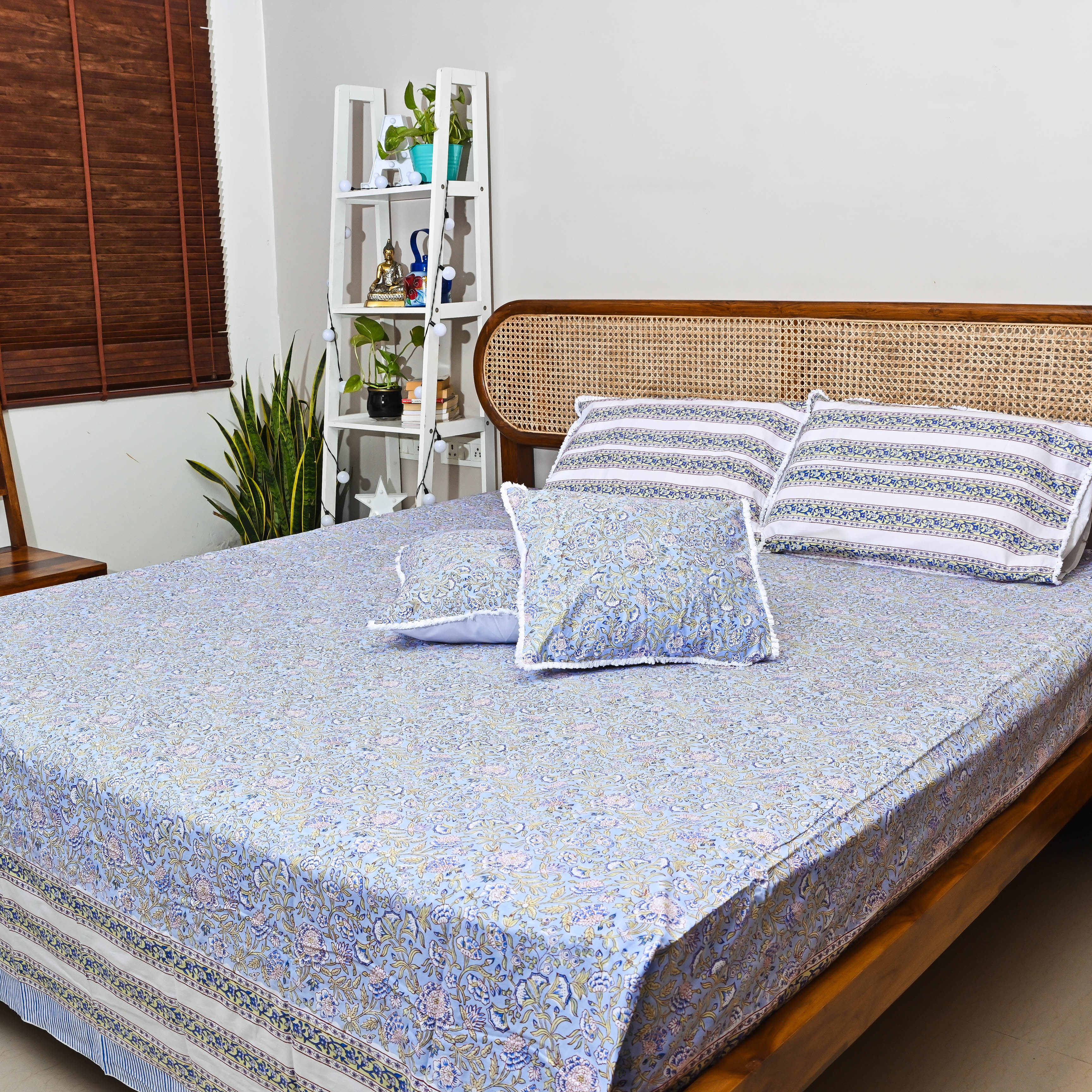 Blue Handblock printed Bedsheet with pillow and cushion cover