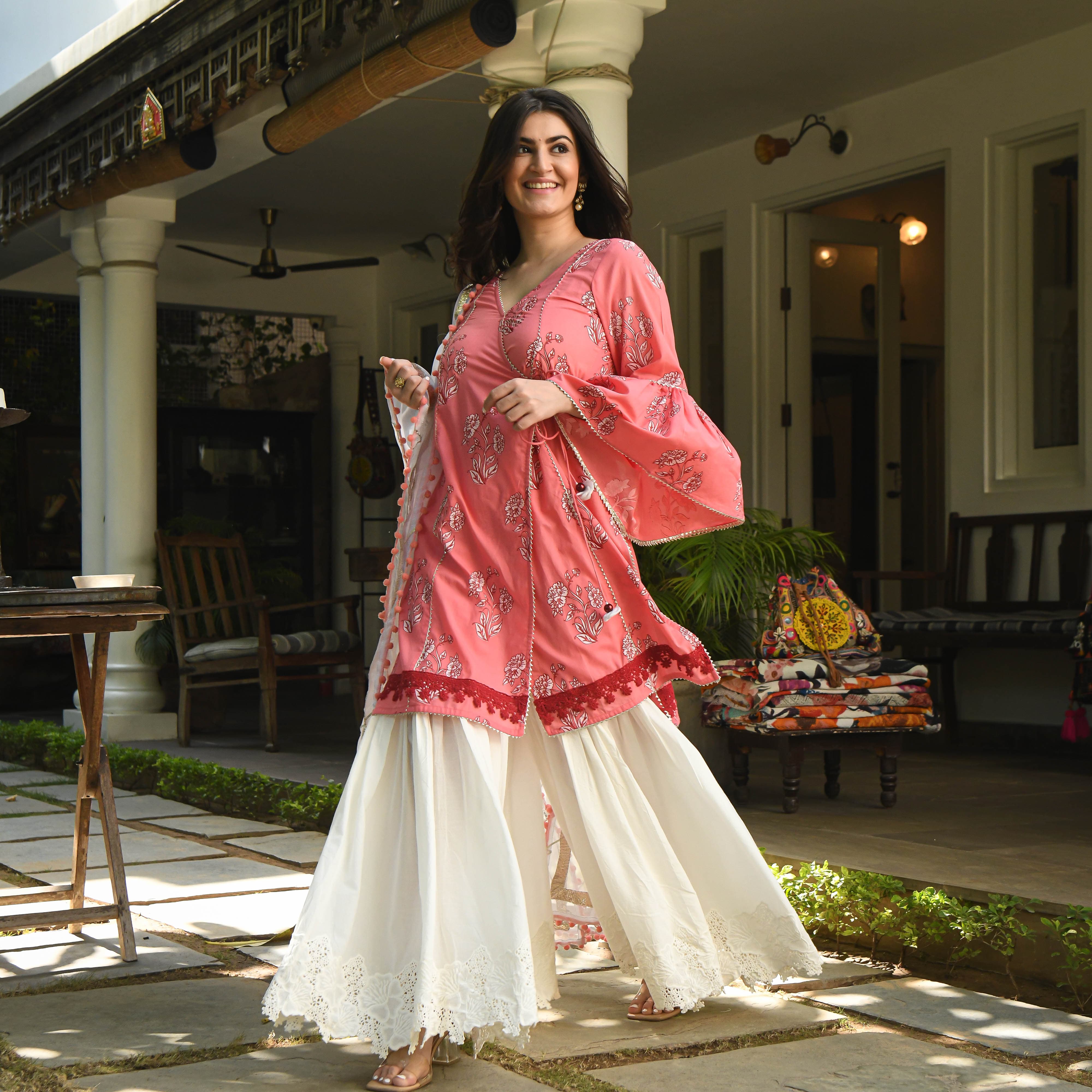 Asmi Pink & White Ethnic Cotton Suit Set For Women Online