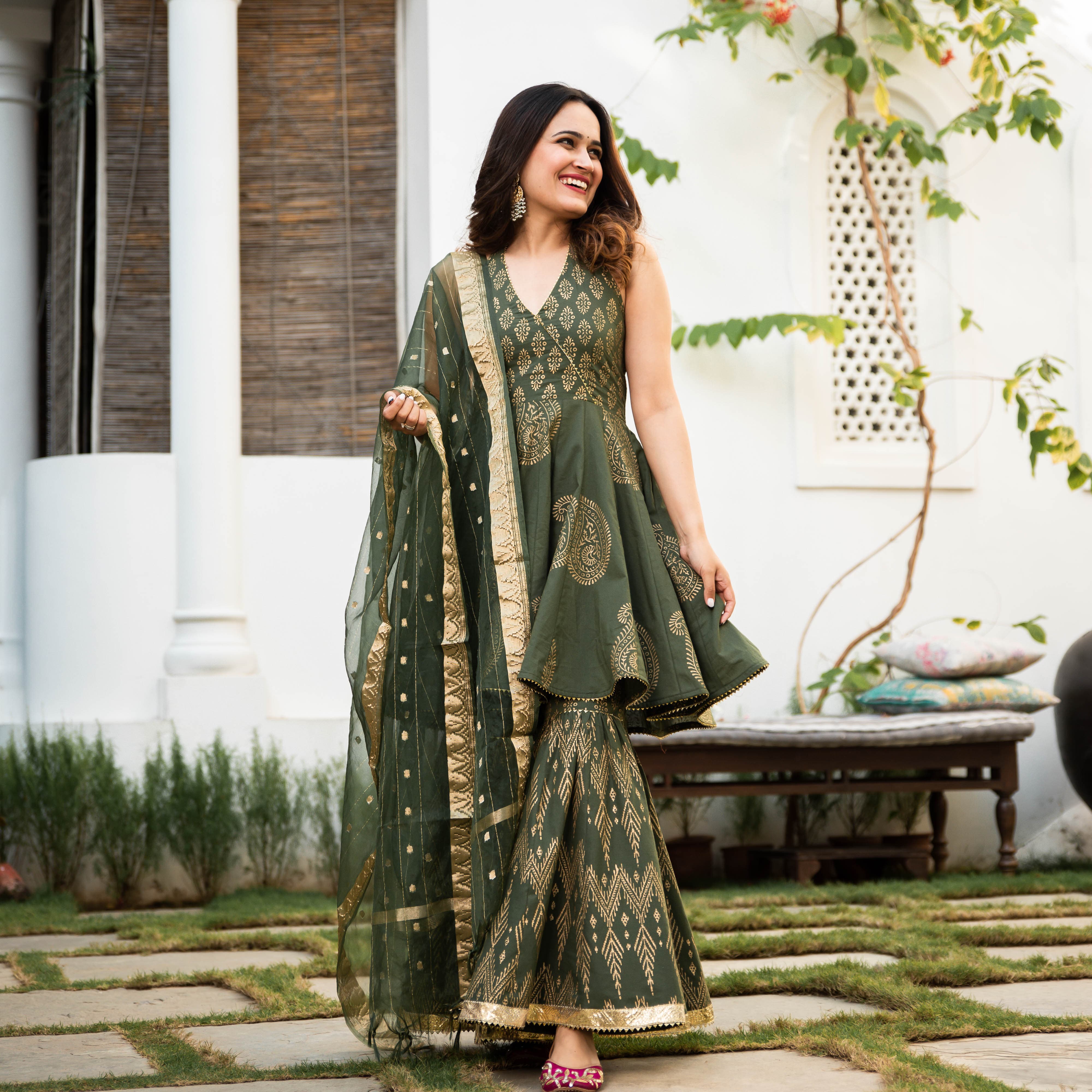  Ejaz Green Ethnic Sharara Cotton Suit Set For Women Online