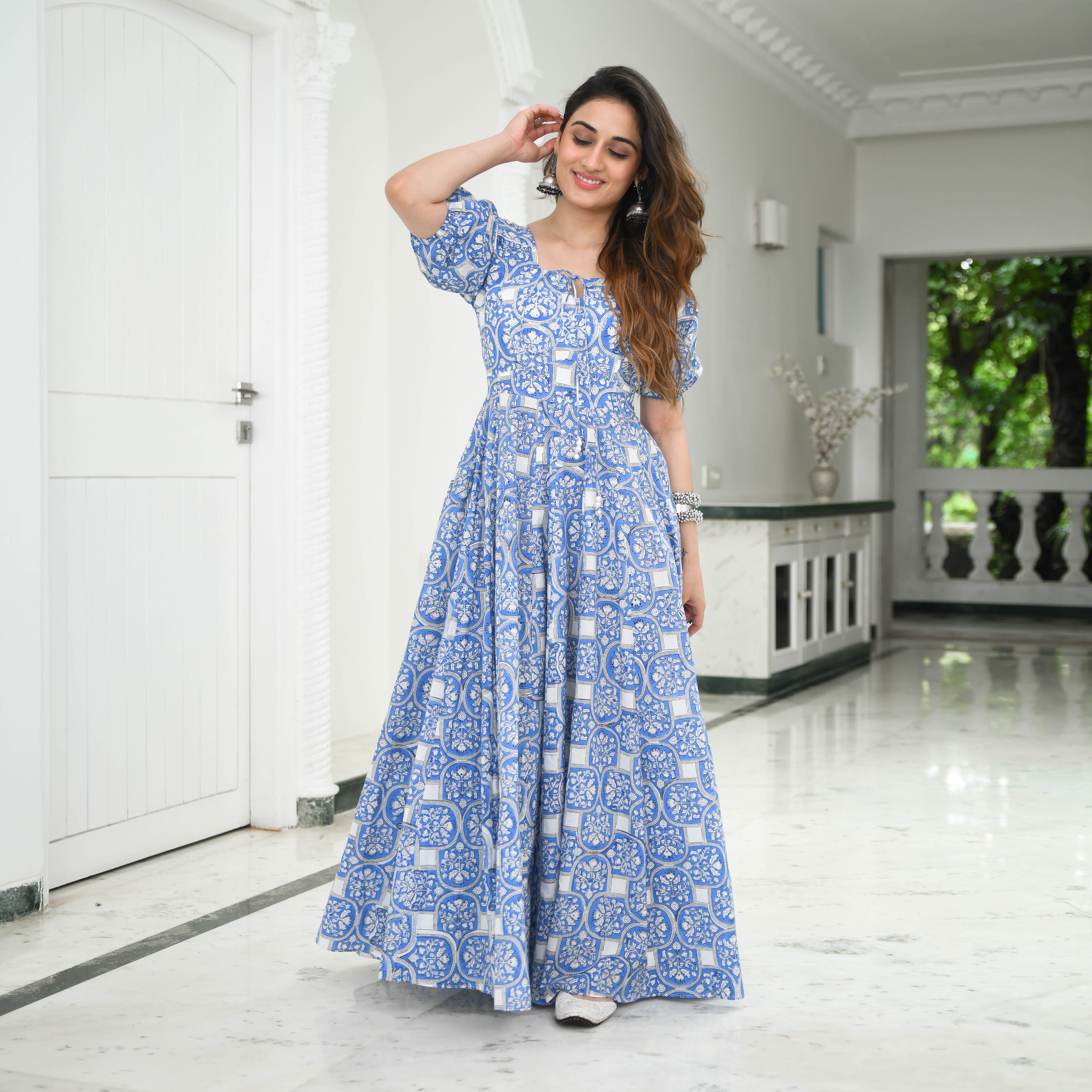  Twilight Blue & White Flare Maxi Cotton Dress For Women Online