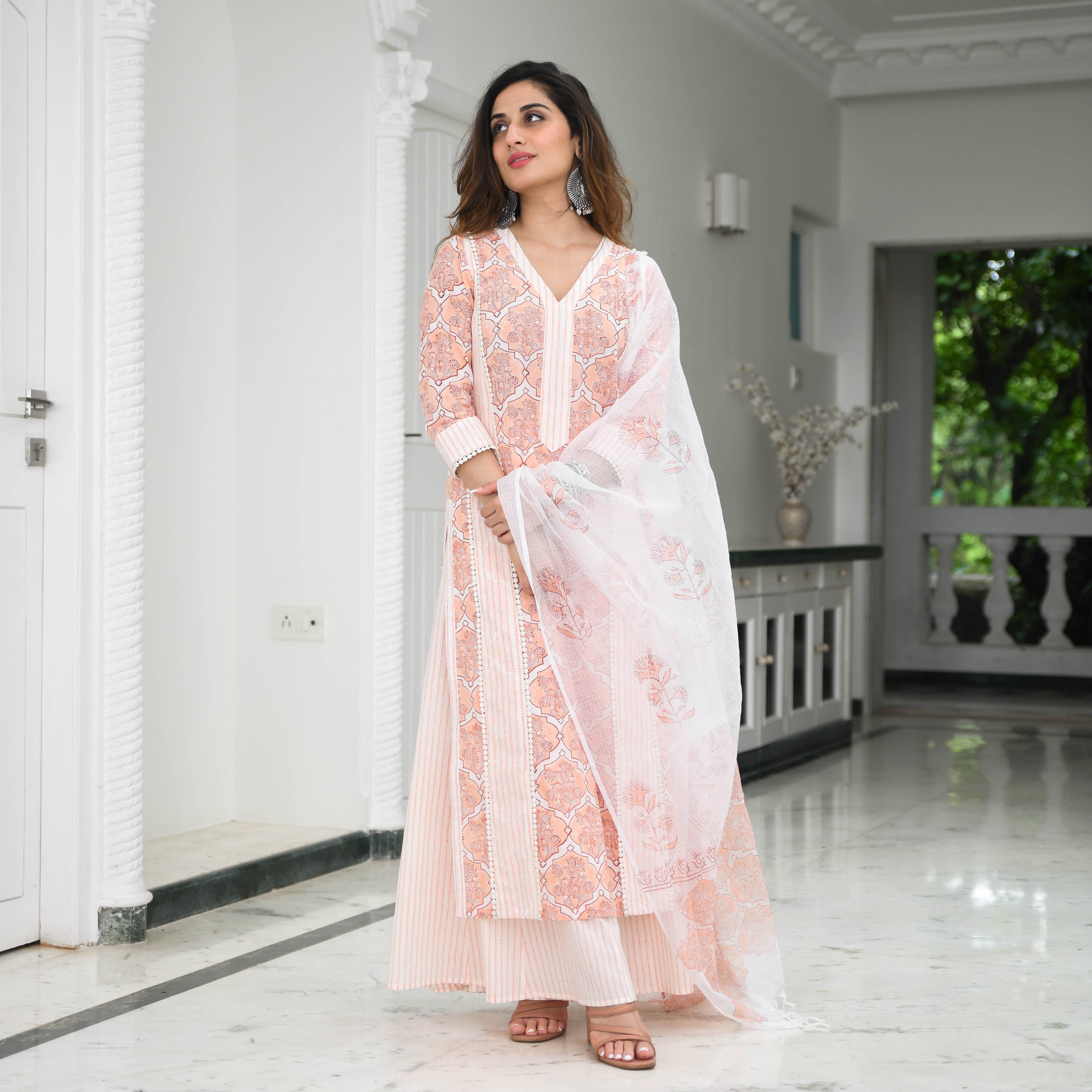  Burnt Peach Printed Designer Sharara Suit Set For Women Online