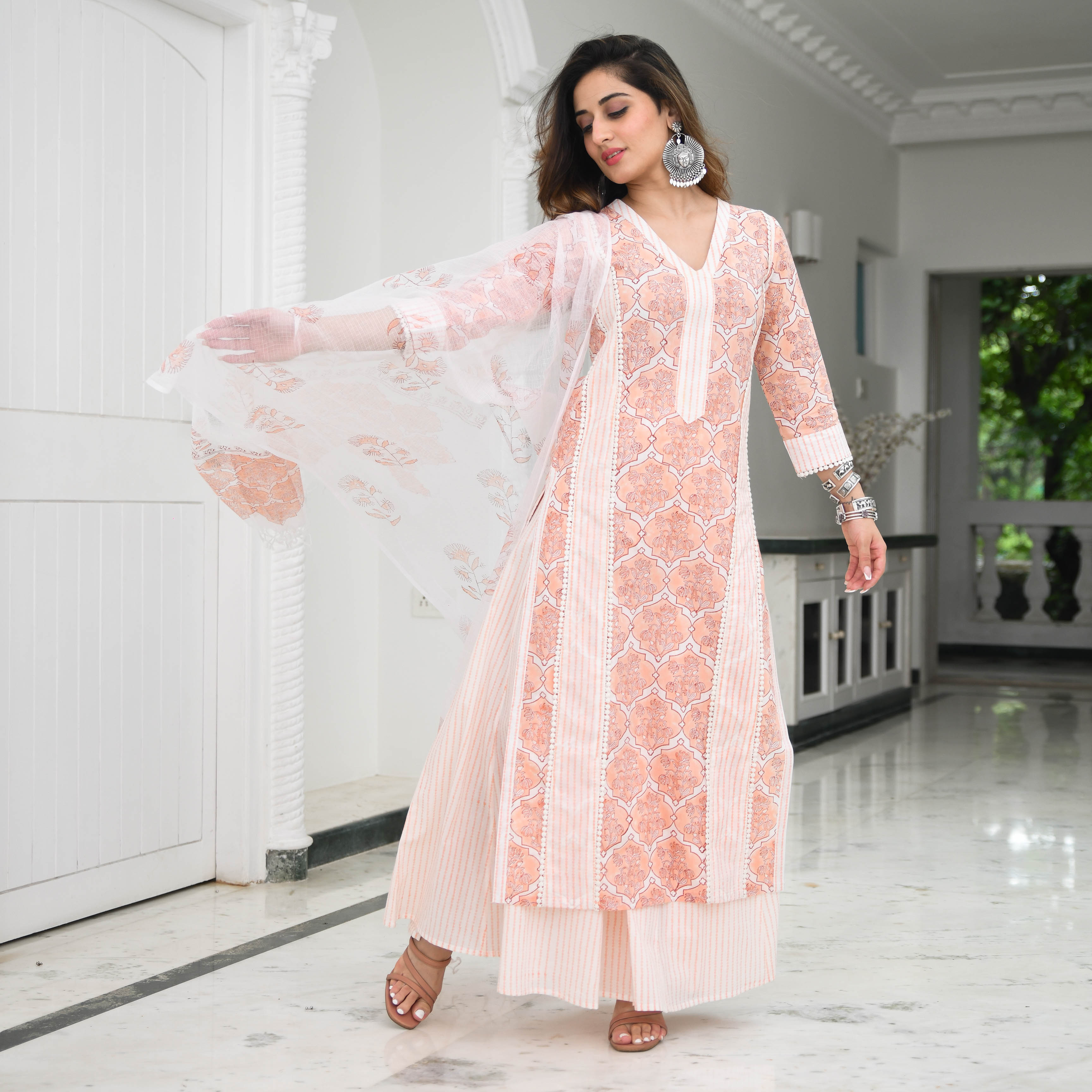 Cotton Peach Printed Sharara Suit Set