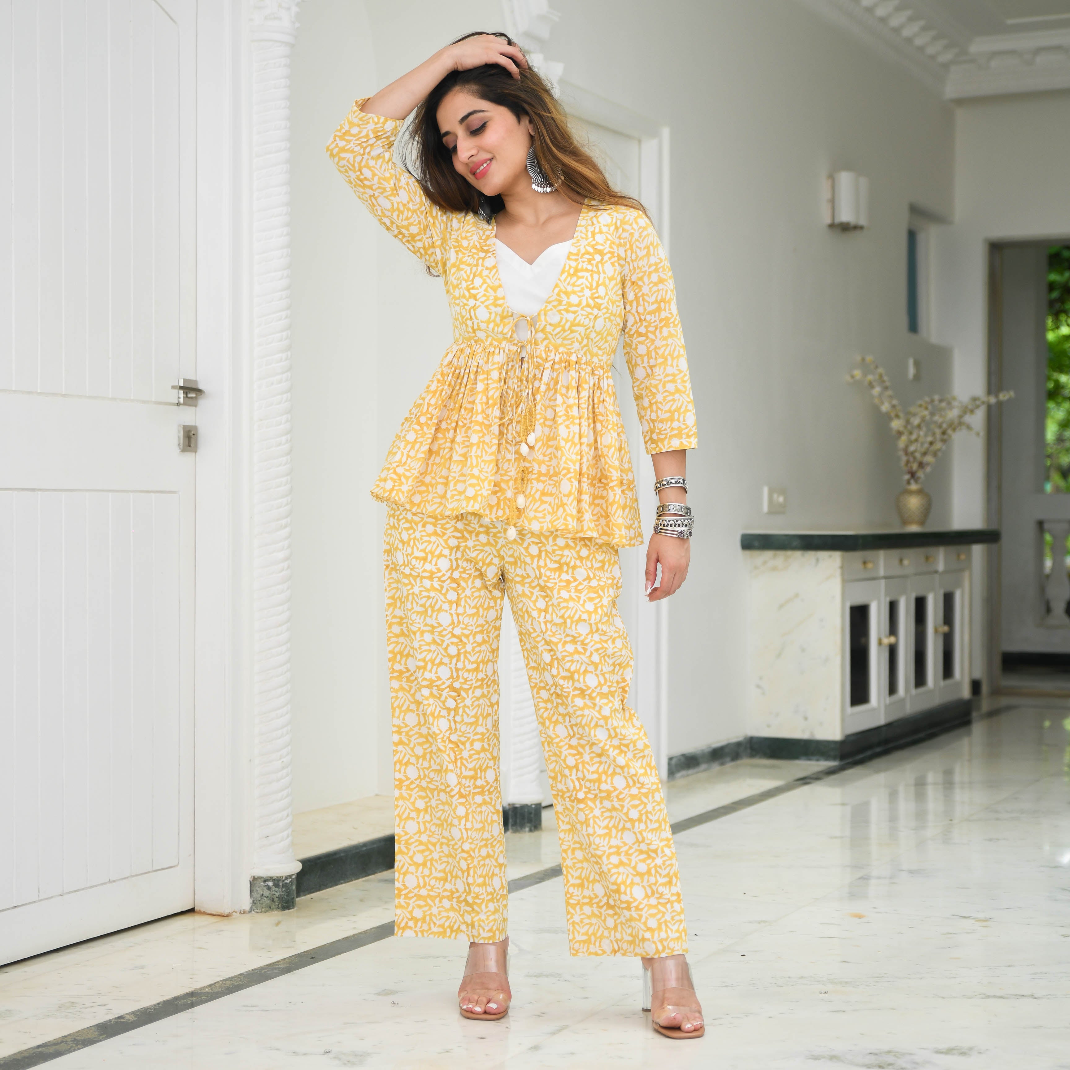 Pineapple Yellow Printed Cotton Suit Set For Women Online
