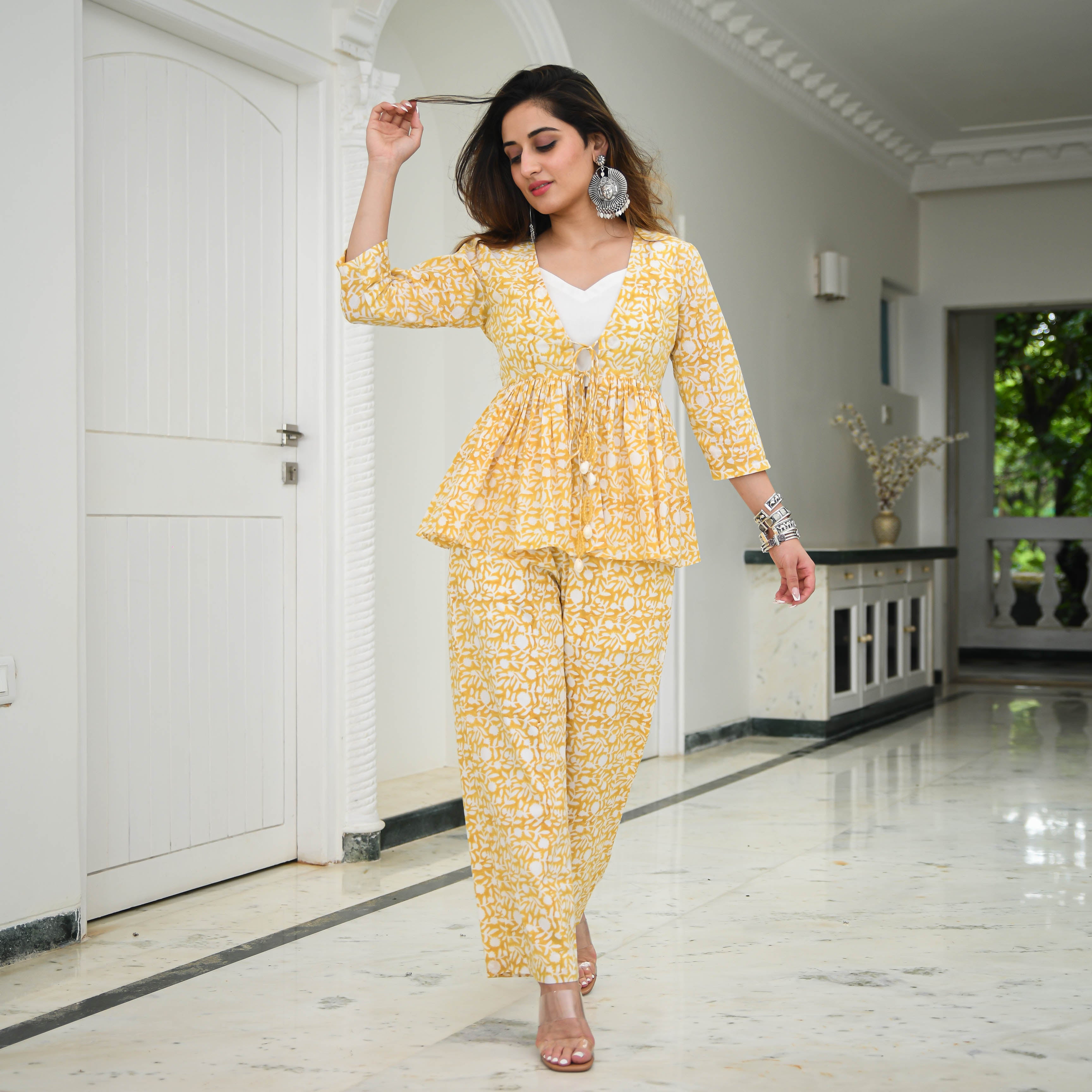 Pineapple Yellow Printed Cotton Suit Set For Women Online