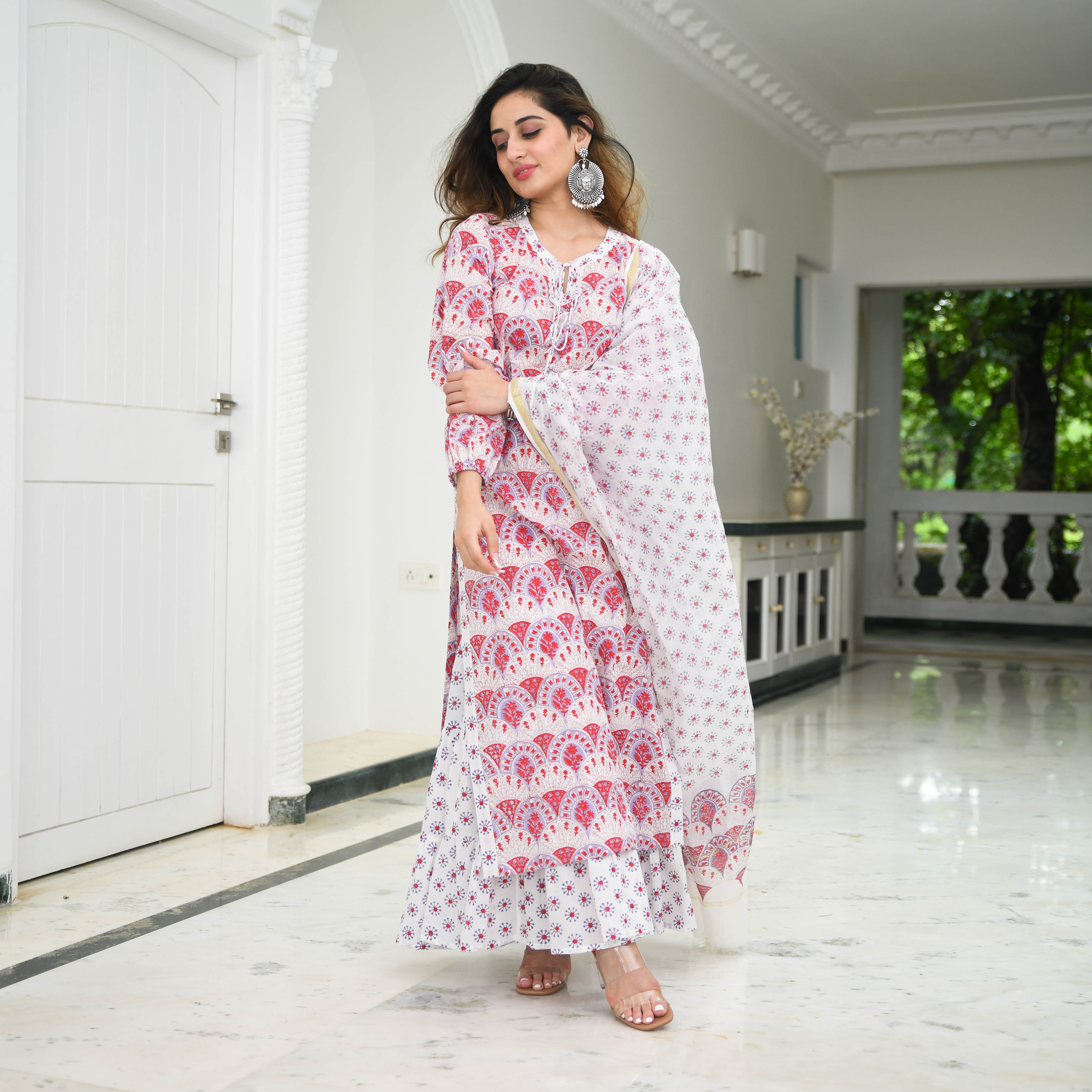 Pink & White Printed Cotton Sharara Suit Set