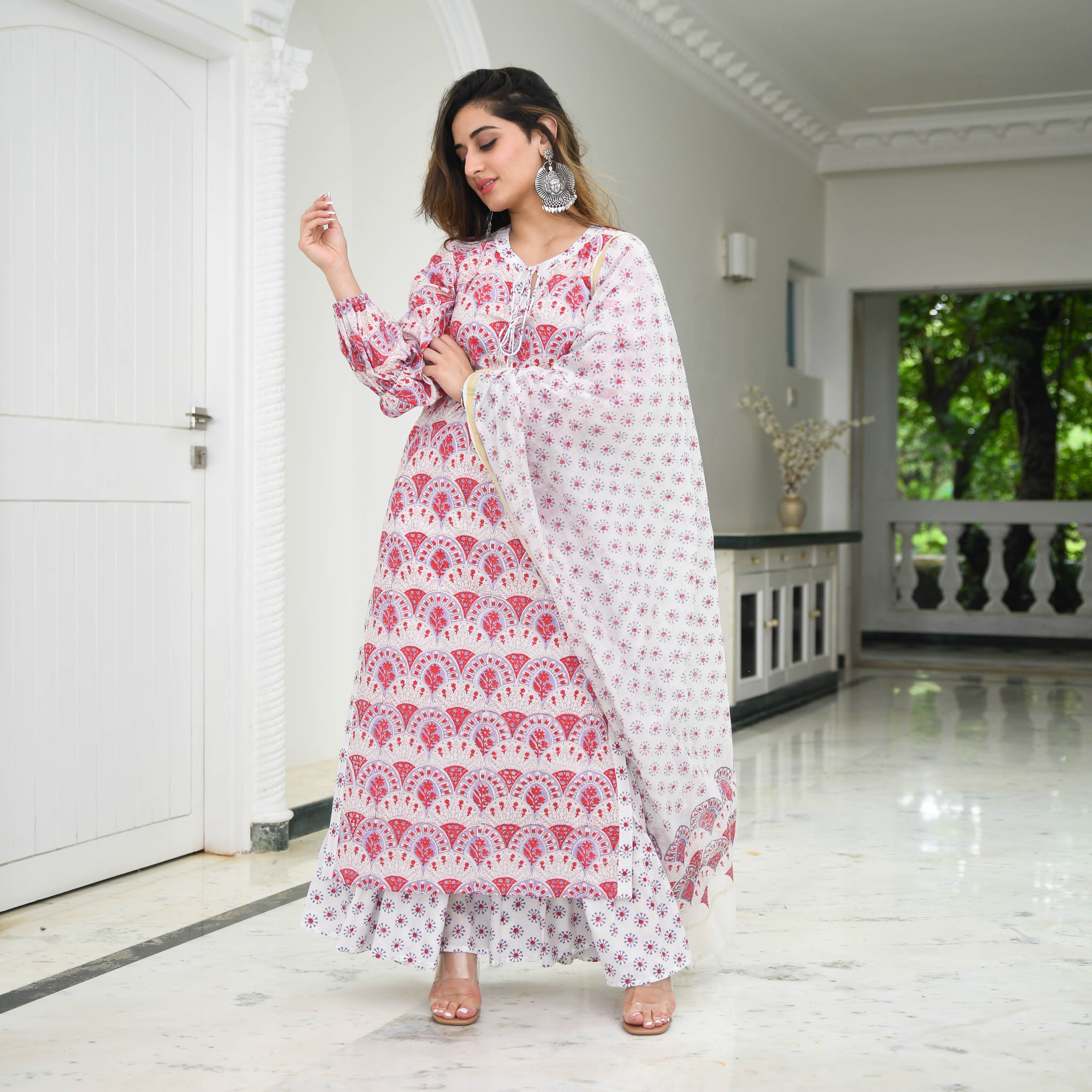 Buy Bunaai Dahila Printed Designer Sharara Cotton Suit Set For Women Online