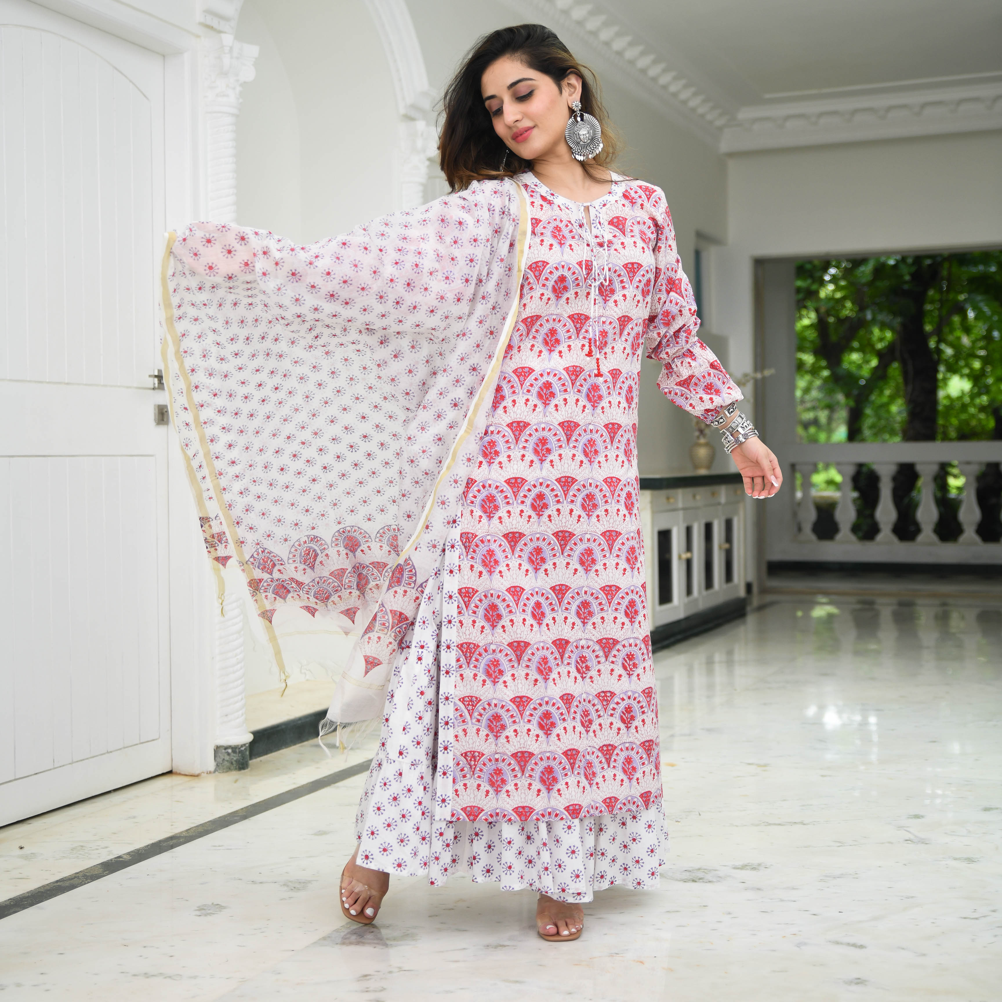 Pink & White Printed Cotton Sharara Suit Set