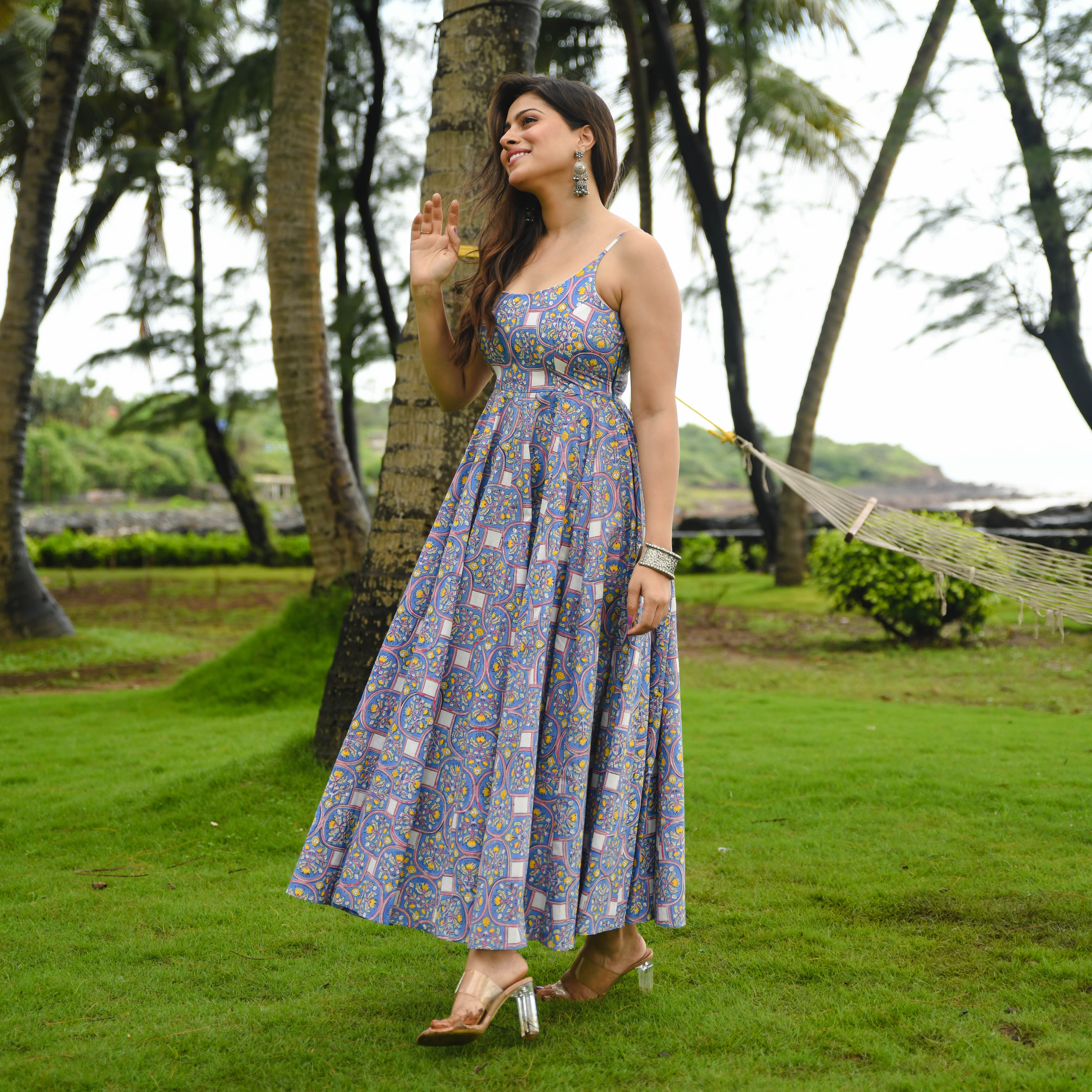 Blue Cotton Printed Dress
