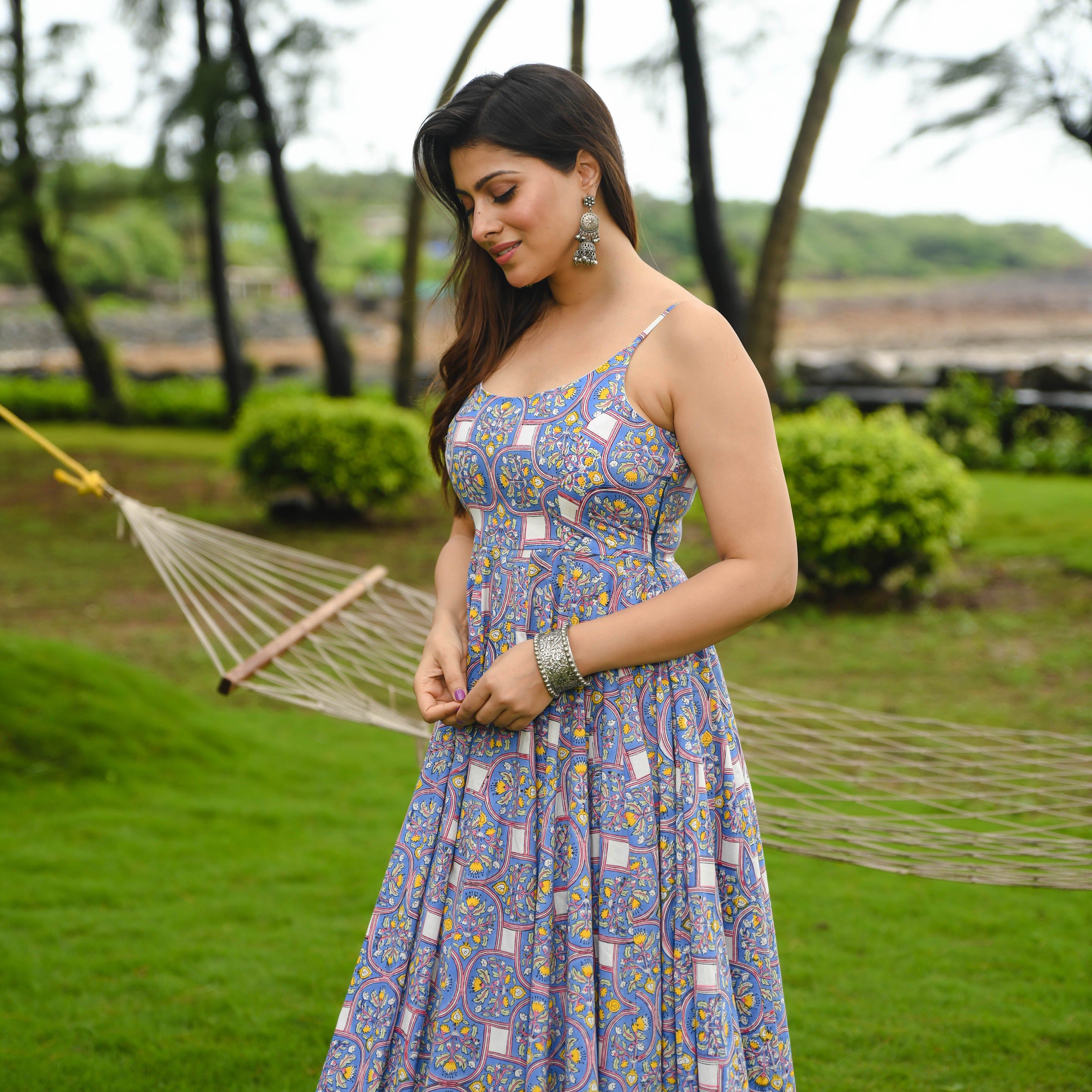 Blue Cotton Printed Dress