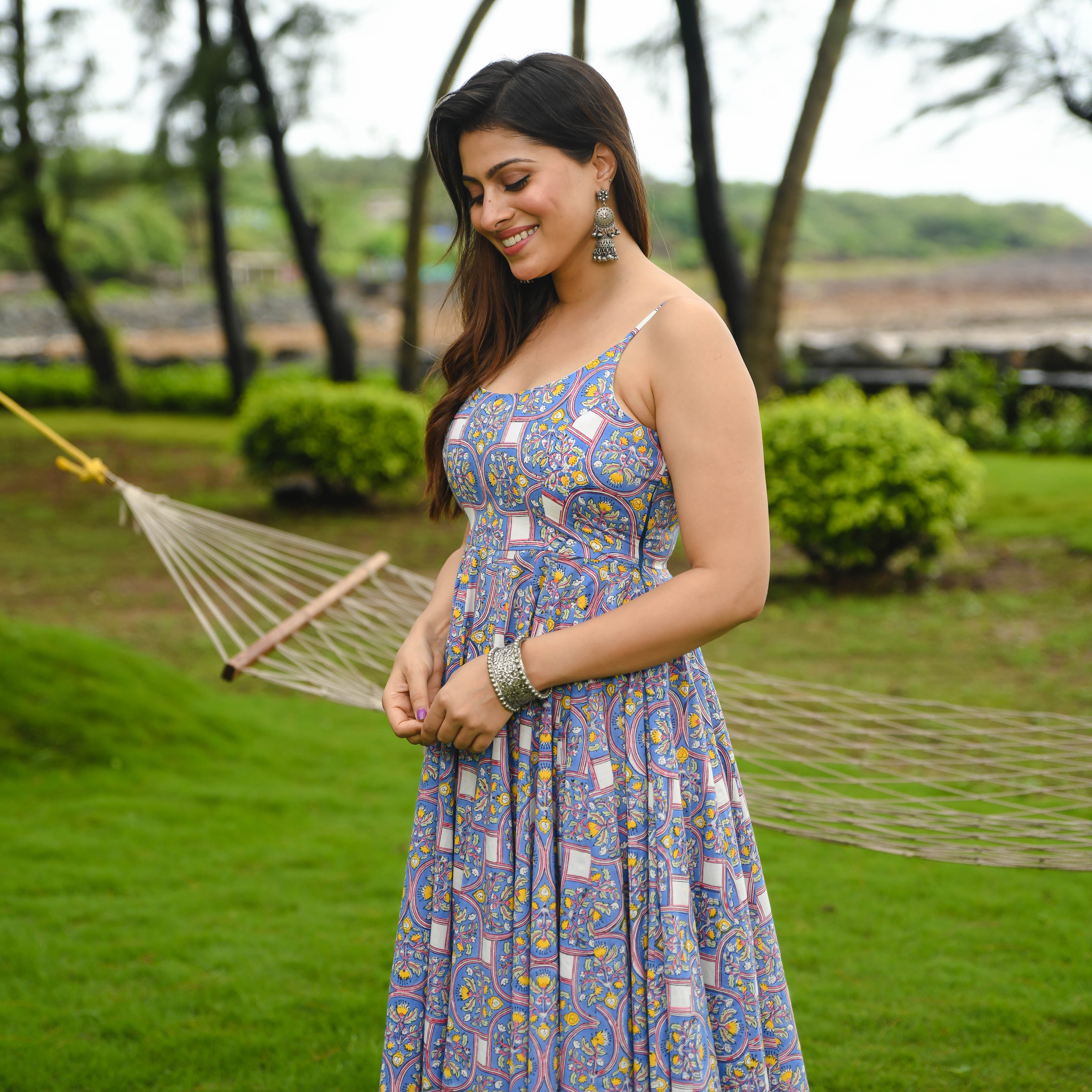 Blue Cotton Printed Dress