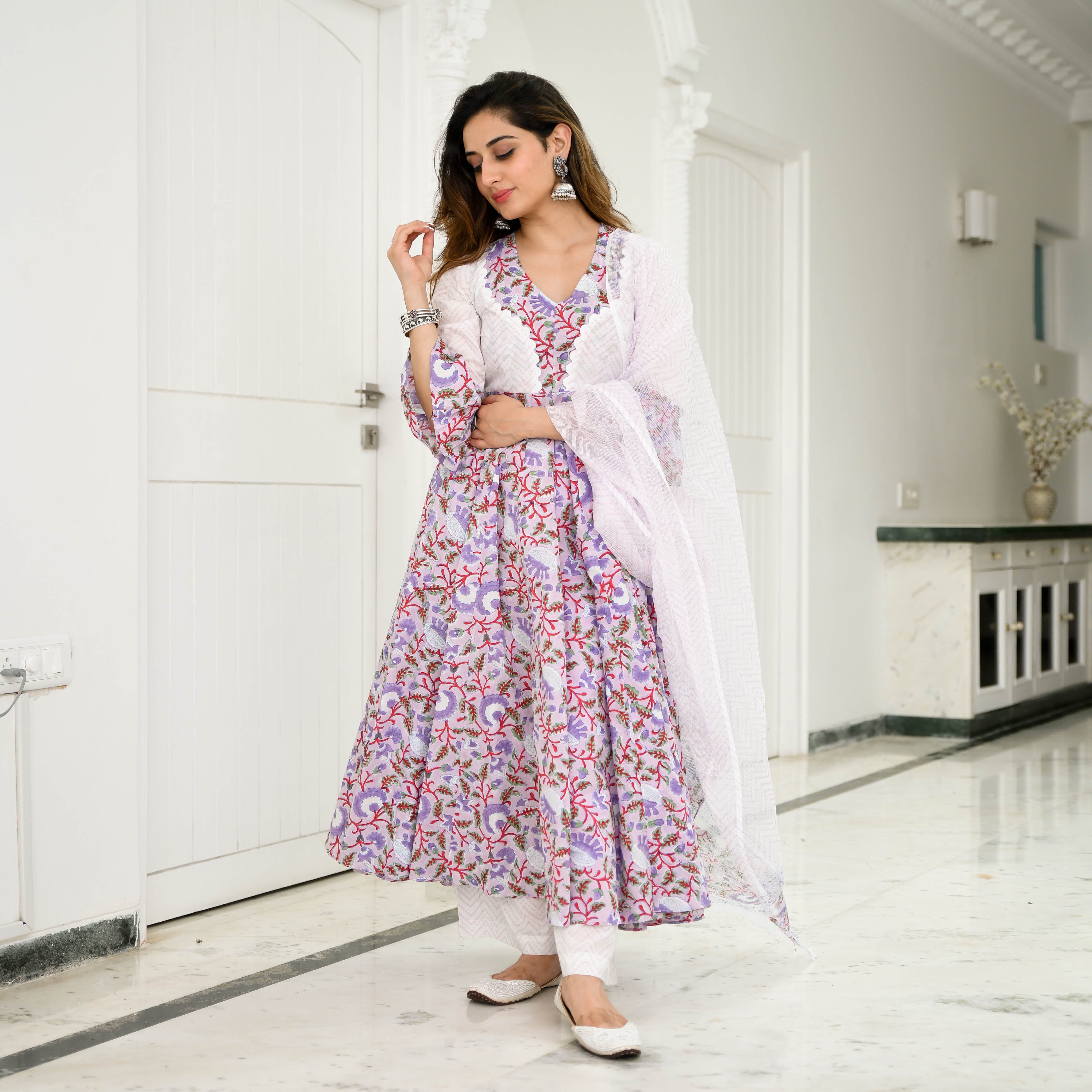 Orchid Floral Printed Designer Anarkali Suit Set For Women Online