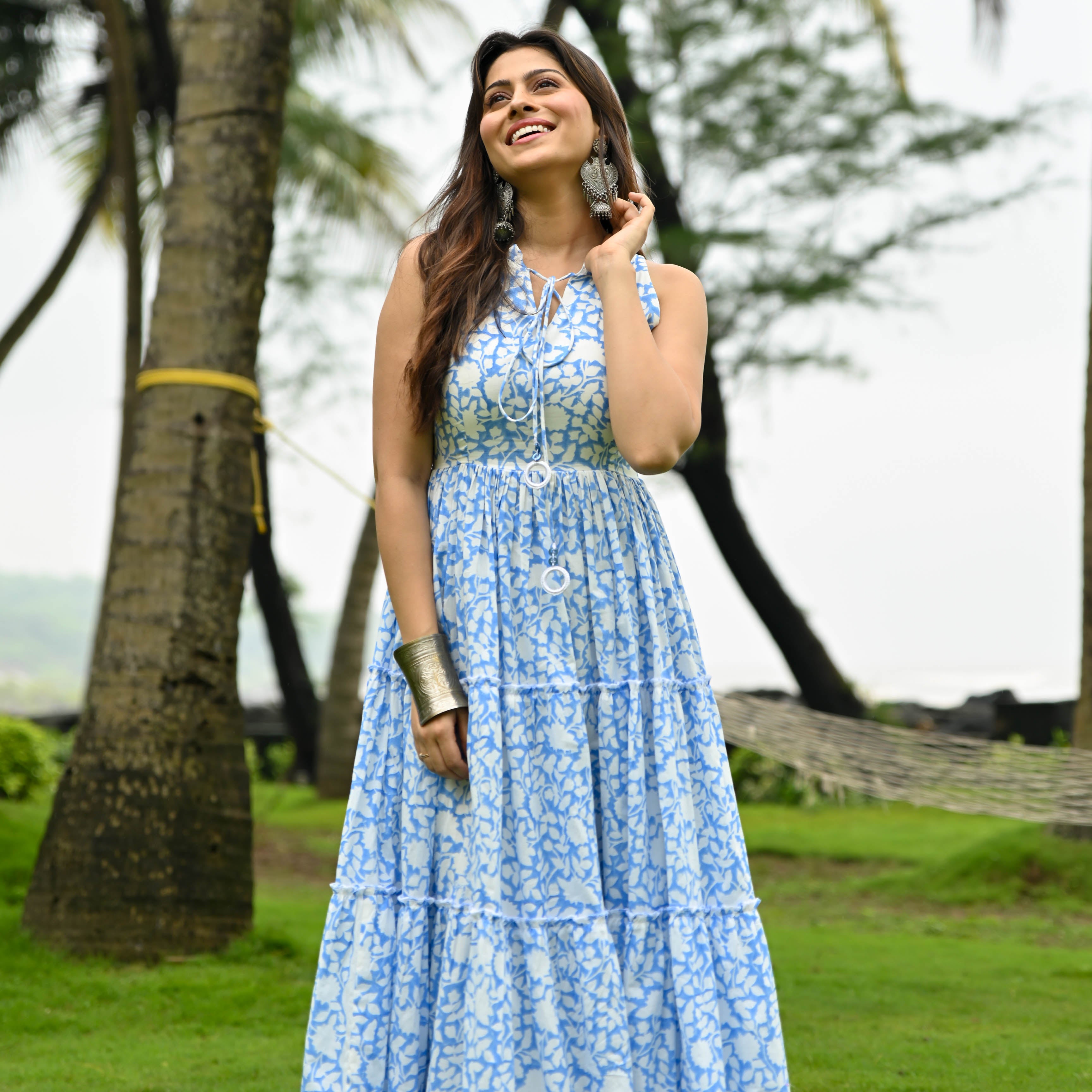 Bunaai Eventide Blue Printed Cotton Maxi Dress For Women Online