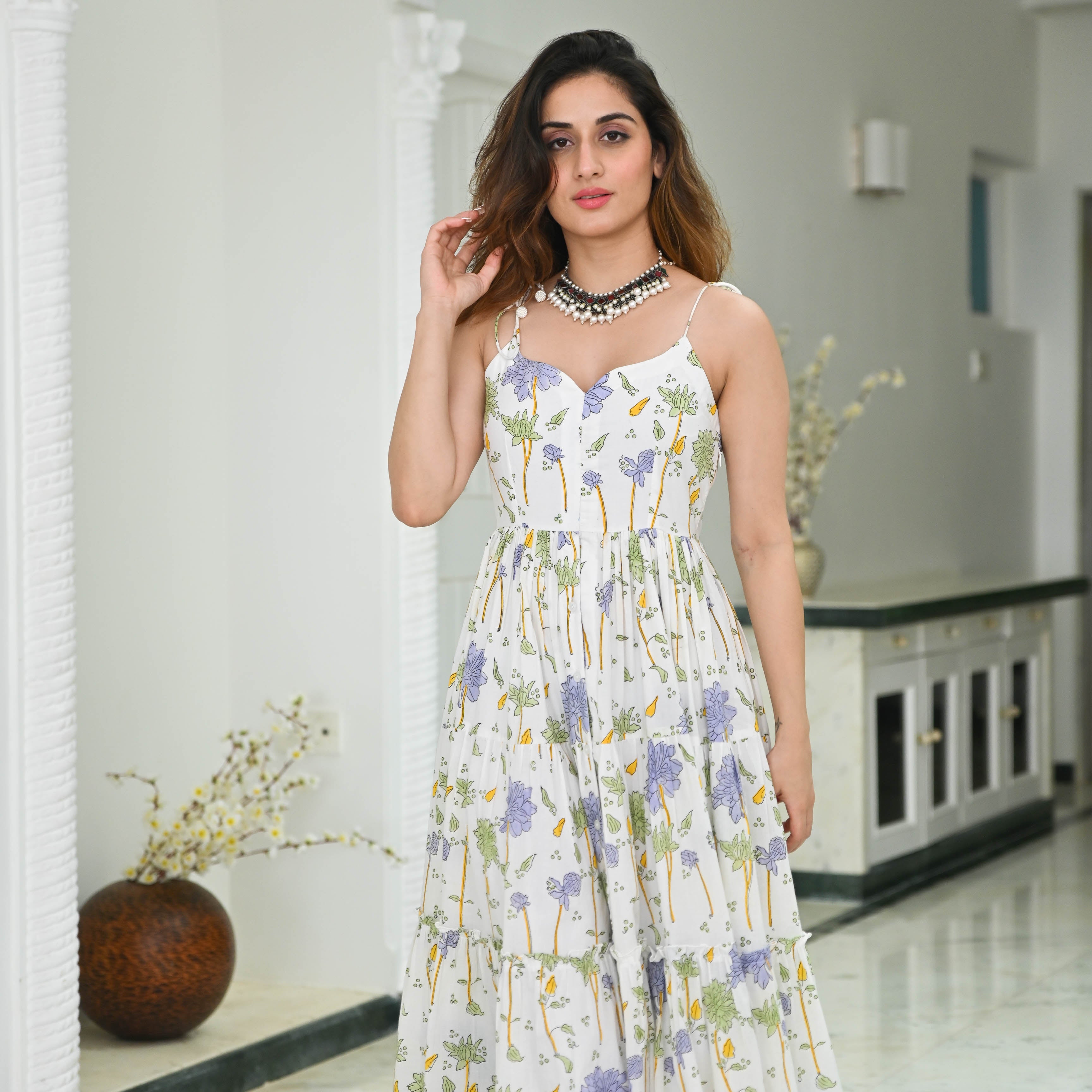 Bunaai Floral Jaal Printed Cotton Maxi Dress For Women Online