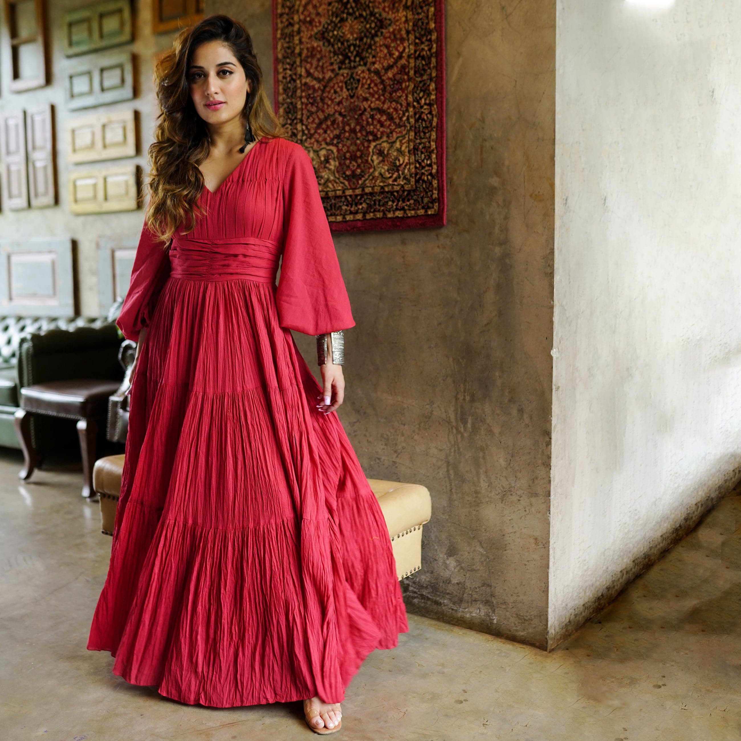 Long Maroon Tier dress