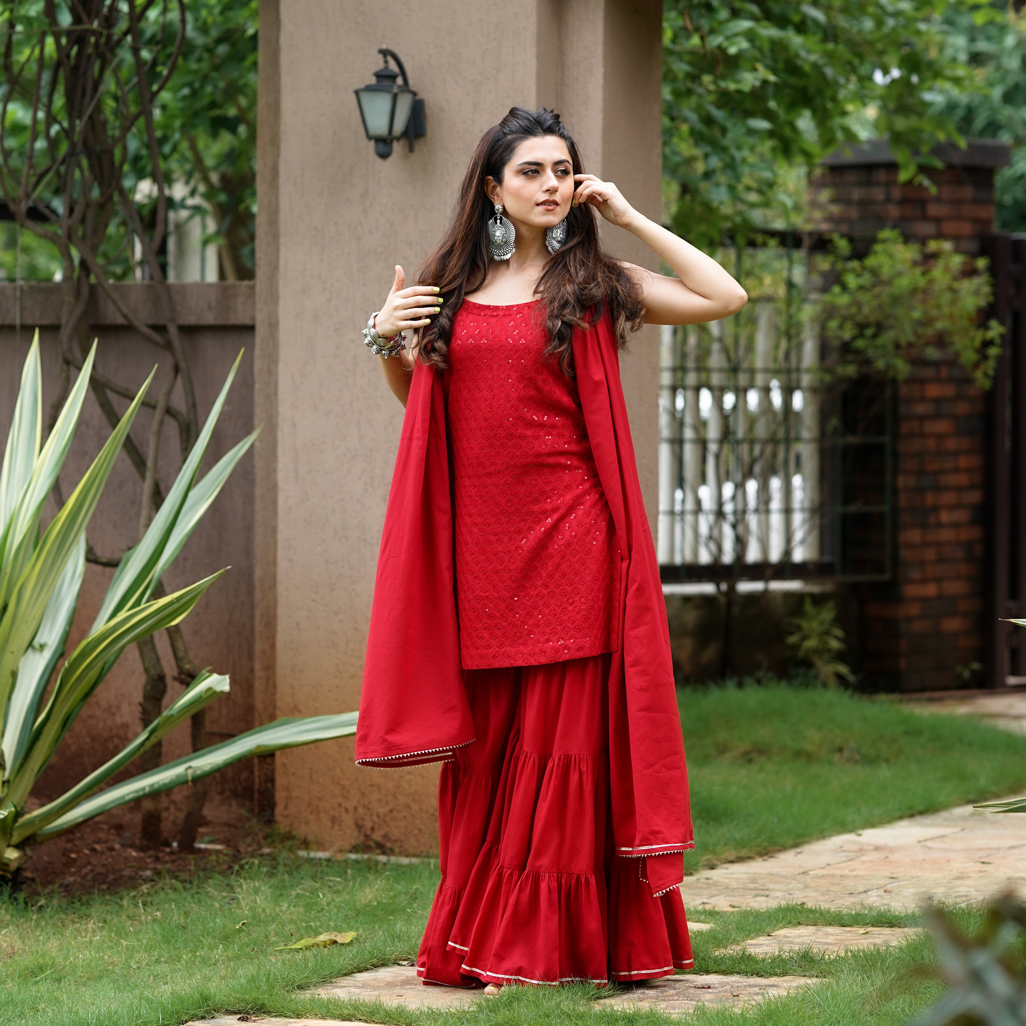 Red Silk Zari & Sequins Stitched Sharara Suit Set | Zaveri-Preet-1243 |  Cilory.com