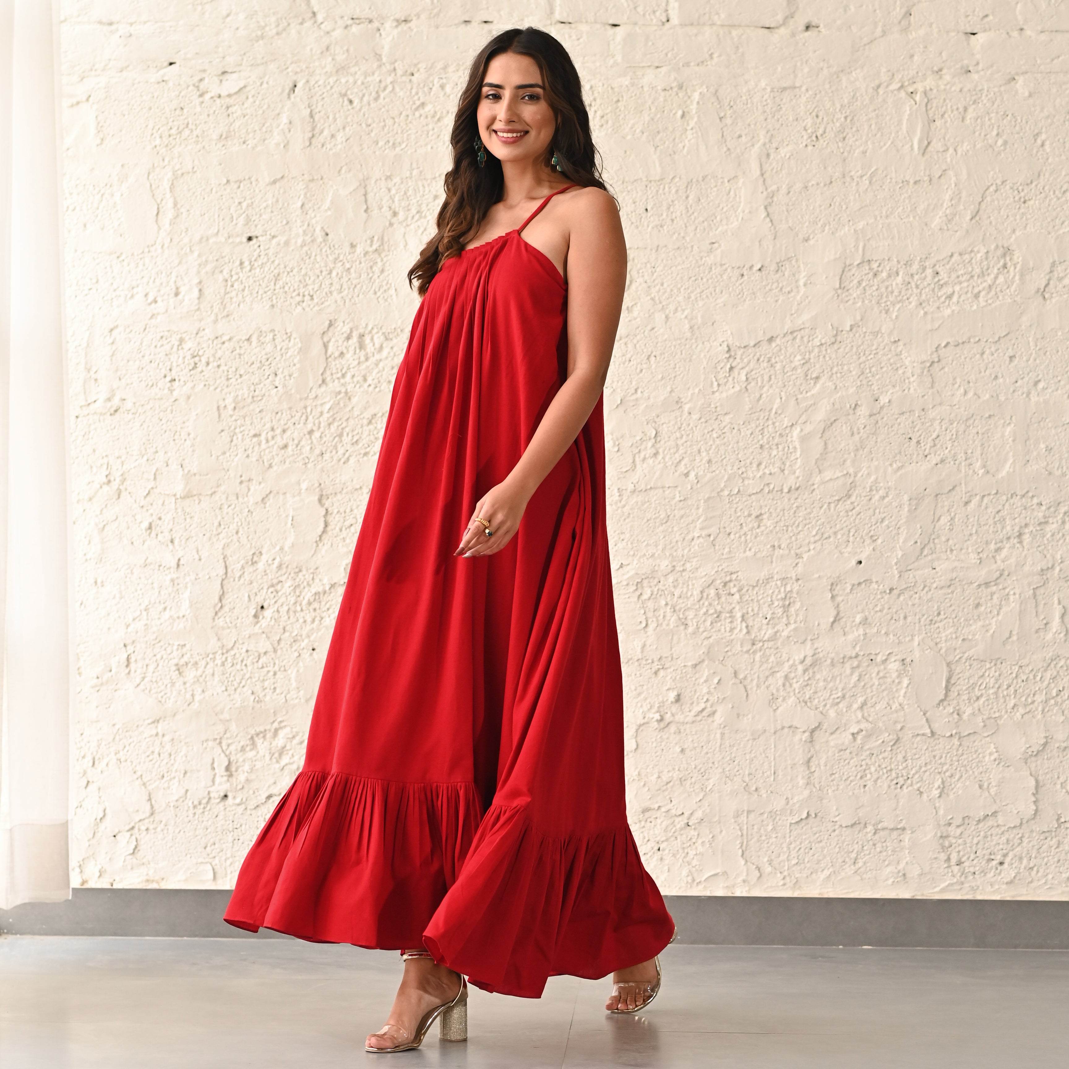Red One shoulder Strappy Long Dress