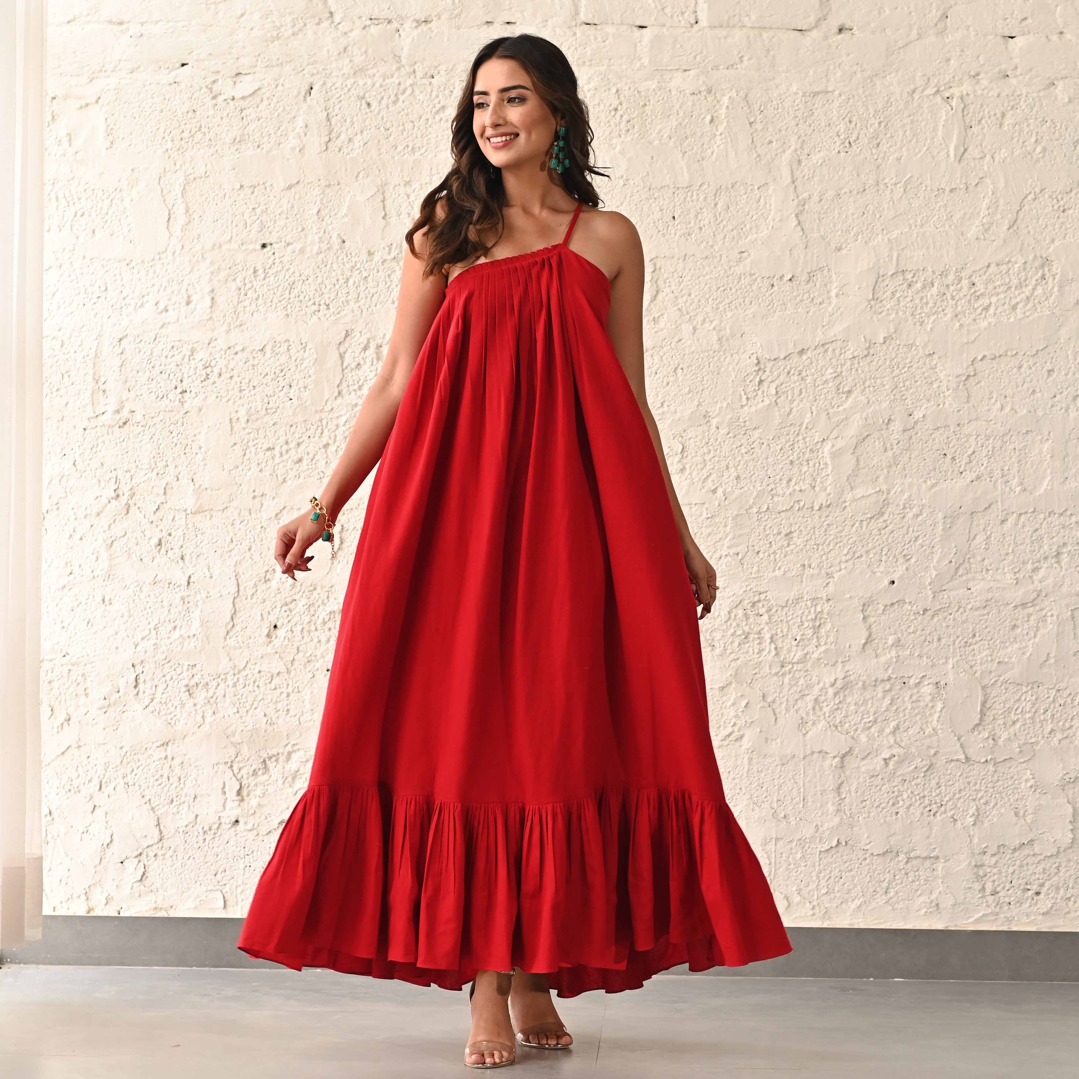 Red One shoulder Strappy Long Dress