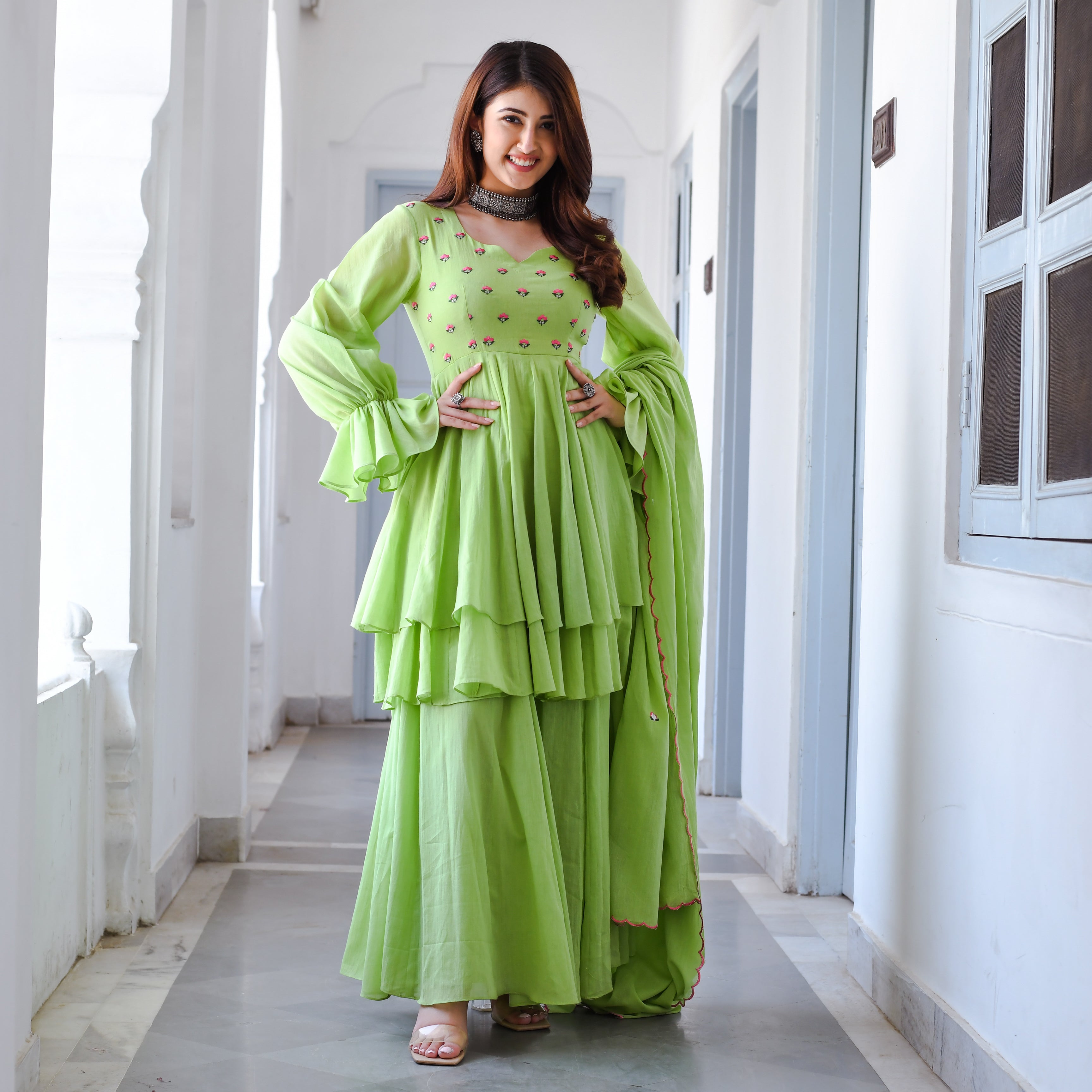 Falguni Green Mulmul Designer Traditional Suit Set For Women Online